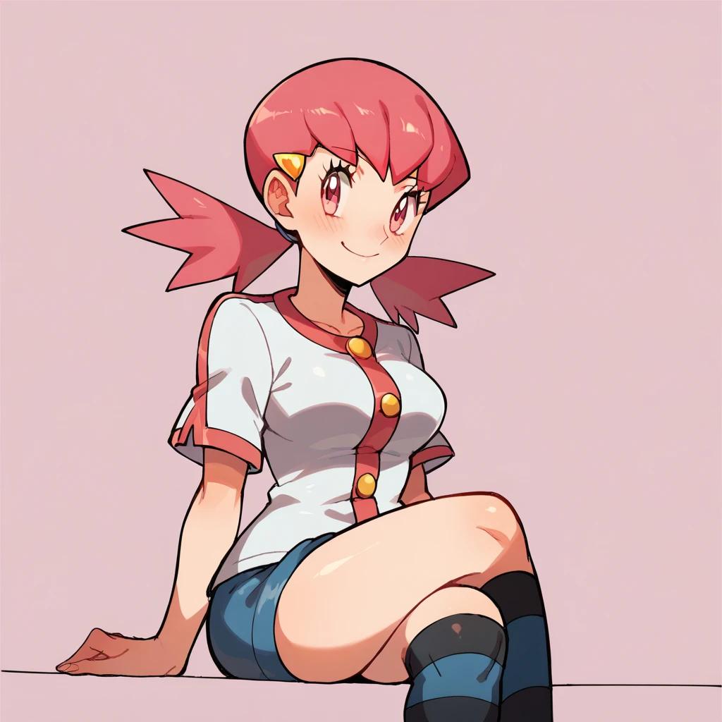 score_9, score_8_up, score_7_up, defwhitney, whitney \(pokemon\), 1girl, arm support, blush, smile, breasts, buttons, 3 bottons, crossed legs, eyelashes, hair ornament, hairclip, jacket, long hair, pink eyes, pink hair, short skirt, short sleeves, skirt, denim skirt, sitting, socks, solo, striped clothes, tight skirt, striped socks, twintails, white jacket, tick thighs, shiny skin, pink background, underwear, white underwear, perfect crossed legs, perfect legs, perfect thighs, perfect stripes,