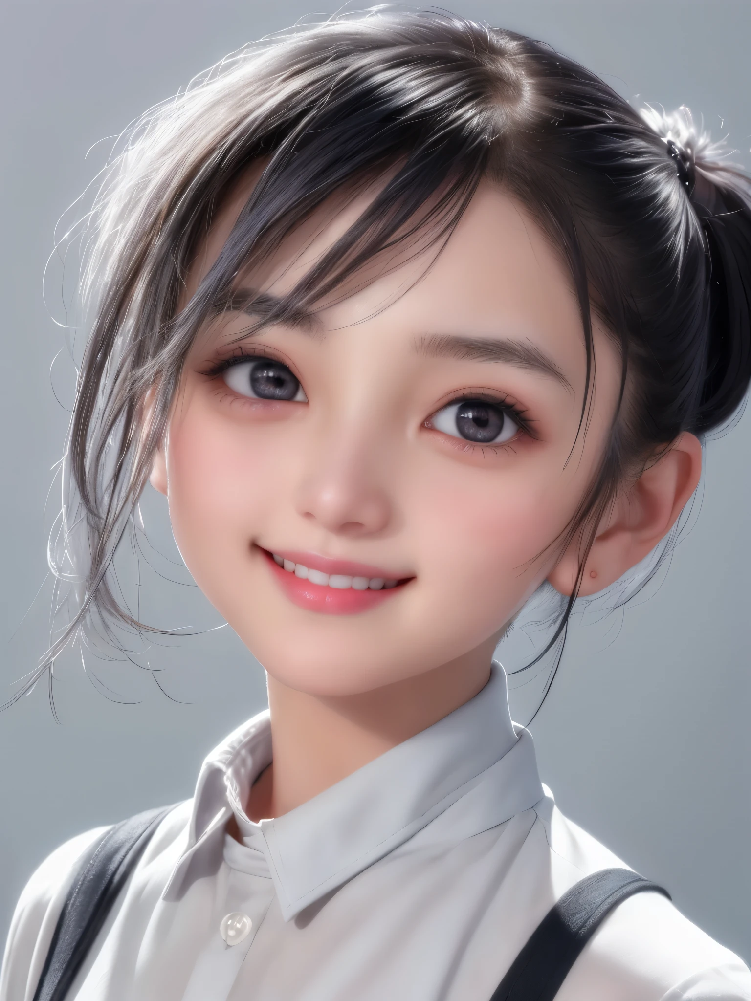 (A 12-year-old Japanese girl), cute face, (deeply carved face:0.7), (freckles:0.6), soft light,healthy white skin, shy, (serious face), thin, smile, uniform, ponytail