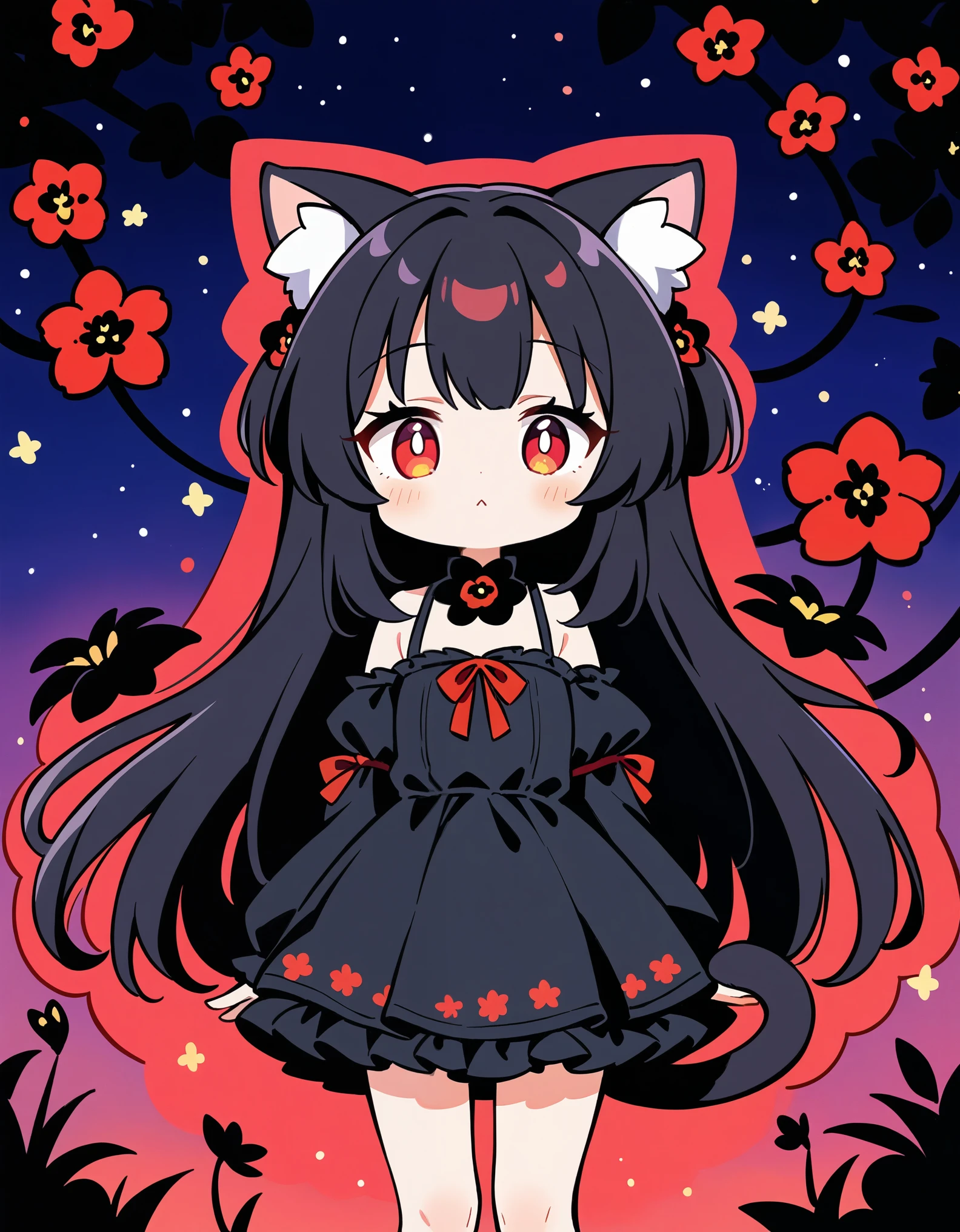 1girl, black hair, long hair, red eye, many black flower, Front View, cute, black dress, cat ear, tail