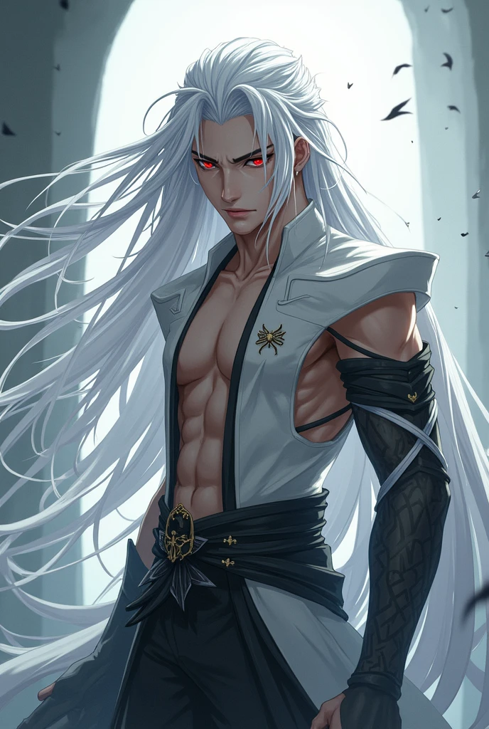 Demon Slayer Swordsman, (sanemi shinazugawa), un hombre musculoso de aspecto imponente, pale skin, albino, white hair spiky and wild and disheveled looking with one strand of hair in the center and another on one side of the face, cicatrices grandes horizontales en la frente y una cicatriz grande en la mitad de su cara, ojos grandes con los iris de color morado claro, manic expression, sonriendo con los ojos muy abiertos, lleva puesto el uniforme negro sin abotonar, showing his muscular torso and the numerous scars he has on his body, abdominales marcados, lleva puesta una chaqueta haori blanco, (demon slayer), (kimetsu no Yaiba), cicatrices grandes en la cara, mirada asesina aterradora, aspecto desafiante, actitud violenta