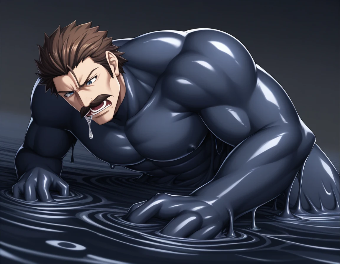 score_9, source_anime, rating_explicit, score_8_up, score_7_up, score_6_up, score_5_up, score_4_up, BREAK (transform black slime bodysuit), black goo dripping on body, fused into black swamp, BREAK 1man, veteran mature detective, muscular male, broad nose, wavy slicked back spiked hair, yellow_brown hair, BREAK shihaku, brown eyes, dandy, virile, stubble, square shaped, large eyes, ugly, rough skin, facial wrinkles, BREAK ideal ratio body proportions, ordinary, cute uncle, beautiful detailed eyes, broad waist, 40yo dude, languid, BREAK orgasm, blush, facial wrinkles, resist black goo, symbiote, BREAK solo, precum, black goo absorption anal, leg grab, deep penetration, BREAK covered with giant black slime, slime sex, black goo restrained, BREAK black goo grab anatomy, black slime vore, black hell, black background, penis, BREAK fullbody, dynamic expression, BREAK in capcom art style, in retro eroge style, 2000s, key visual, BREAK depth of field, dutch angle, cinematic shadows, cinematic lighting, texture, absurdres absolutely resolution, extreme all detailed, BREAK masterpiece, best quality