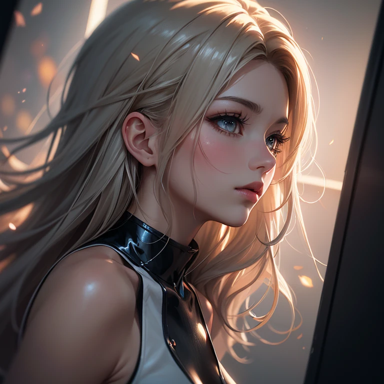 "Beautiful womanの鮮やかで魅力的な肖像画、Painted with perfect detail, Its elegance and charm are captured in high-resolution CG art.... Shiny髪，flawless, Wearing a sophisticated dress, Stunning grey eyes, Perfect Style (blonde:1.2). The soft lighting accentuates its beauty...., Flash creates a magical atmosphere. Against a stunning background，Pastel colors and delicate flowers々full, This piece exudes a dreamy and enchanting atmosphere....+"((8k, Best Quality, Masterpiece Highly detailed, Three-part method)), (((, Shadow play))), ((Abstract background)), ((Provocative)), ((Glamour Photos)), ((Cinematic, Film Grain)), ((Anime aesthetics)), ((Anime Style)), ((A soft light shines on your hair)), ((colorful, Crazy)), reflection, Shiny, ((Beautiful woman, [[profile、Silver Hair, Flowing Hair, Holographic, Blowing in the Wind)), ((Cyber Beauty))Sparkling,(Diagonal)Face seen from