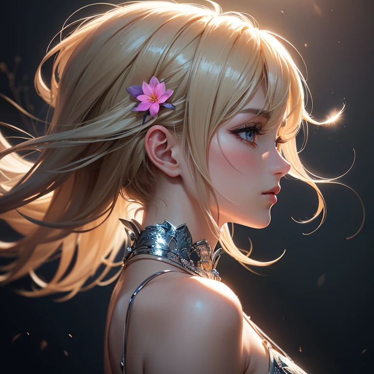 "Beautiful womanの鮮やかで魅力的な肖像画、Painted with perfect detail, Its elegance and charm are captured in high-resolution CG art.... Shiny髪，flawless, Wearing a sophisticated dress, Stunning grey eyes, Perfect Style (blonde:1.2). The soft lighting accentuates its beauty...., Flash creates a magical atmosphere. Against a stunning background，Pastel colors and delicate flowers々full, This piece exudes a dreamy and enchanting atmosphere....+"((8k, Best Quality, Masterpiece Highly detailed, Three-part method)), (((, Shadow play))), ((Abstract background)), ((Provocative)), ((Glamour Photos)), ((Cinematic, Film Grain)), ((Anime aesthetics)), ((Anime Style)), ((A soft light shines on your hair)), ((colorful, Crazy)), reflection, Shiny, ((Beautiful woman, [[profile、Silver Hair, Flowing Hair, Holographic, Blowing in the Wind)), ((Cyber Beauty))Sparkling,(Diagonal)Face seen from