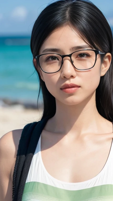 High resolution、masterpiece、Textured Skin、High image quality、超High resolution、Very detailed、woman、Look at, Anatomically correct, Plain, unkempt black hair、Rimless Glasses、Tired look、Look at, solo, Beach volleyball players、