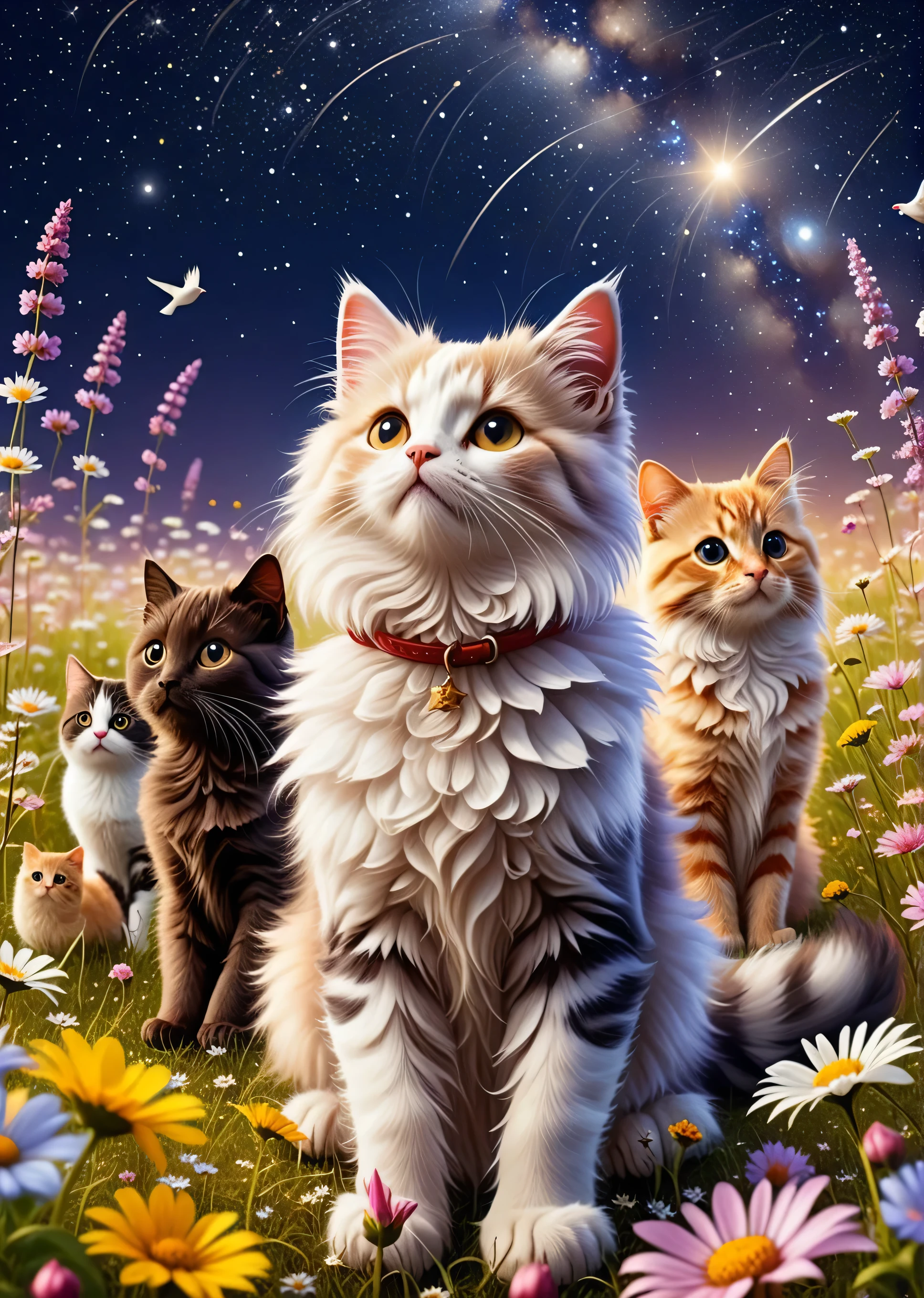 Cats and dogs shining in the starry sky、Small Birds、Flower Field。There&#39;s a rainbow behind、Realistic。
 