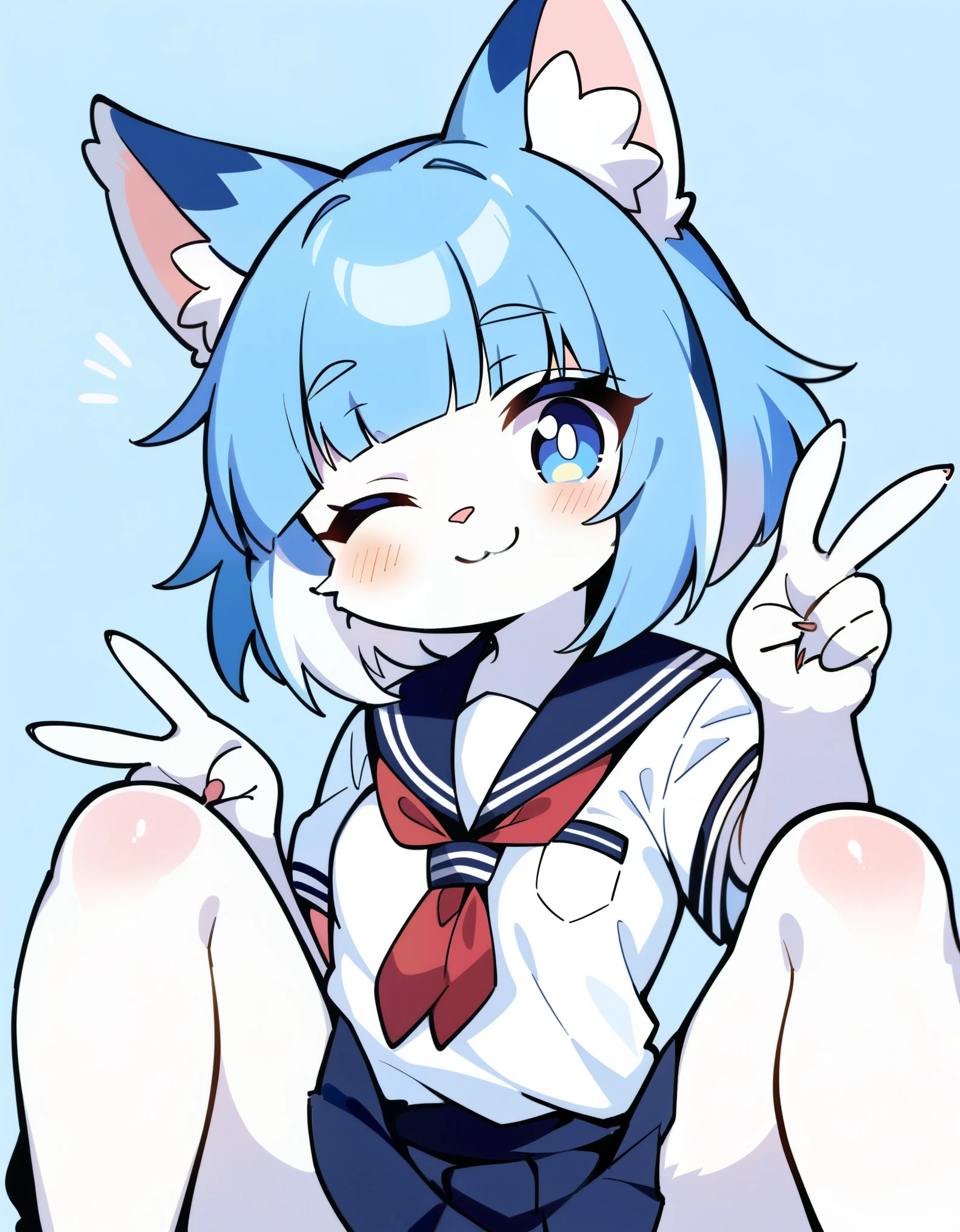 cute furry blue cat girl, blue hair, white fur, two tone fur, blunt bangs, short hair, light blue eyes, chest tuft,

small breasts, wide chest,

school uniform, school uniform skirt,

smile, wink, v sign,

knees up body,
simple background, best quality, ultra-detailed,