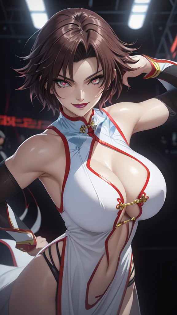 Realista 1.2, Lee Mayfeng, standing, cowboy shot, mature female, 1girl, anime face, standing, solo, chinese dress, makeup, gigantic breasts, lipstick, red eyes, short hair, brown hair, underboob, cleavage, perfect body, (athletic body:1.1), perfect eyes, anime eyes, smoky eyeliner, eyeshadow, perfect face, smiling, sharp focus, intricate details, masterpiece painting, professional artwork, (vibrant colors:1.1), vivid colors, Diffused lighting, digital blending, ultra detailed body, ultra detail hair, ultra detail face, trending on pixiv, by Kagami Hirotaka, 