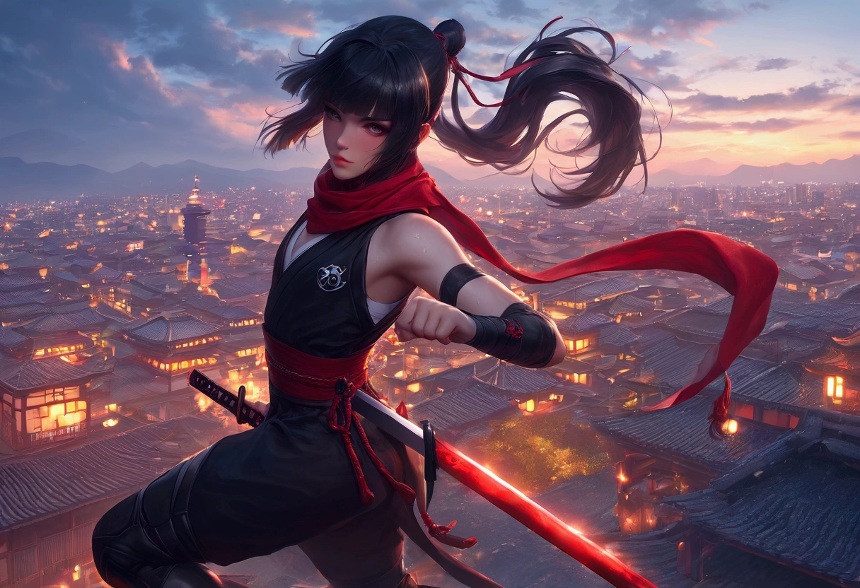 core_9, score_8_up, score_7_up, Very beautiful boy,The moment to jump,Strike a Pose,Dynamic Photography,Ninja Mask, Ninja clothing,Red scarf,Japanese sword,Black Hair,,Semi-long,Hime cut,ponytail,Night cityscape,Rooftop,Unreal beauty,Captivating eyes, femboy, trap,Sweating,Beautiful Shadows,Best Quality, (Intricate details), Cinematic Light,Ray Tracing