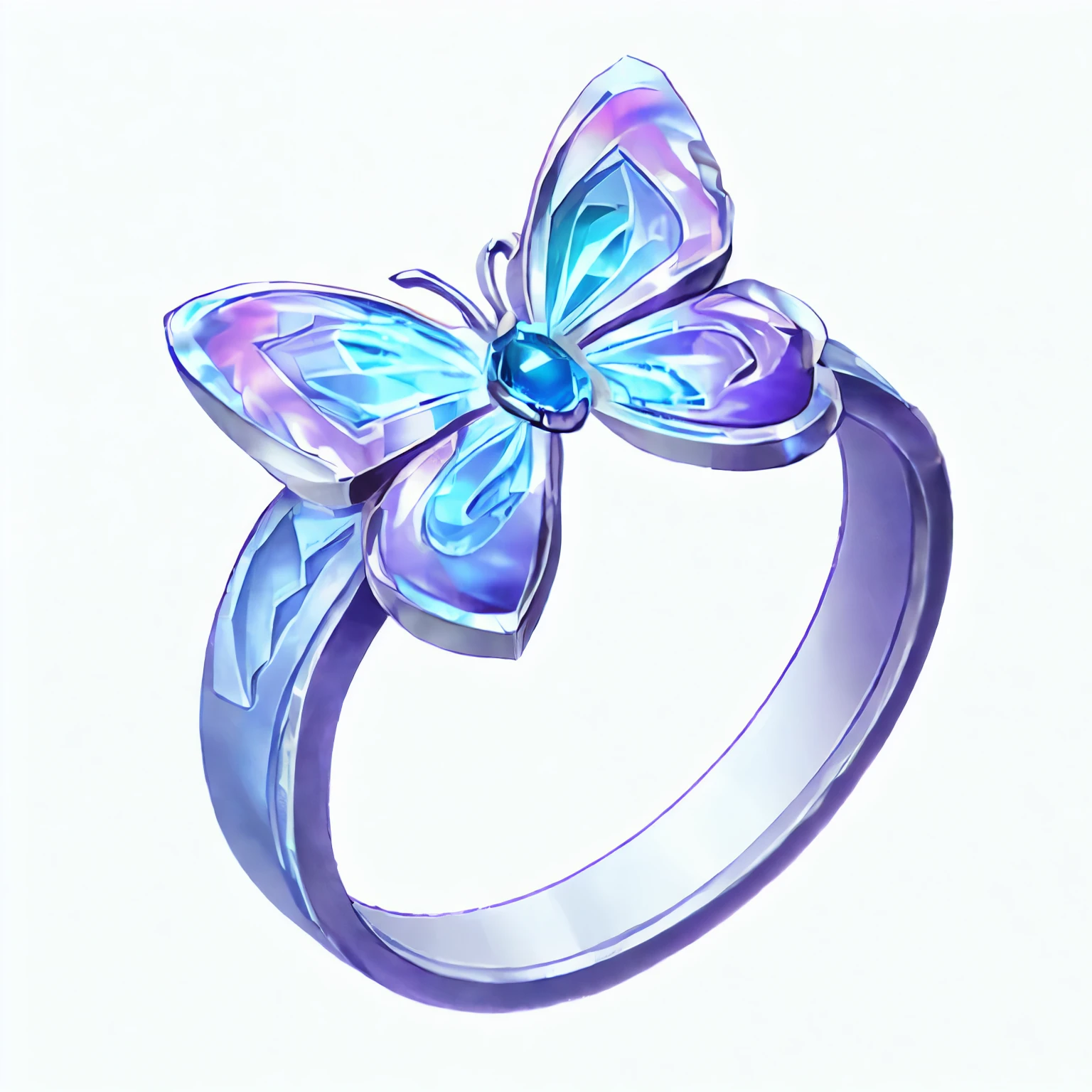 Game props design, ring, Metal Texture, still life, Simple background, 2D Q版卡通 银ring，ring中间有美丽的蝴蝶装饰，Butterfly inlaid blue diamond，Sparkling，简单可爱的Cartoon Style设计，Purple，Silver blue gradient color matching ，Play Style，Anime style，Cartoon Style，Simple and charming design，Crisp details， 2d game art style，White border，Clear shape outline。White background，ring下方无阴影，ring周围不应有其他元素，To keep it simple and concise。--Nikki 6