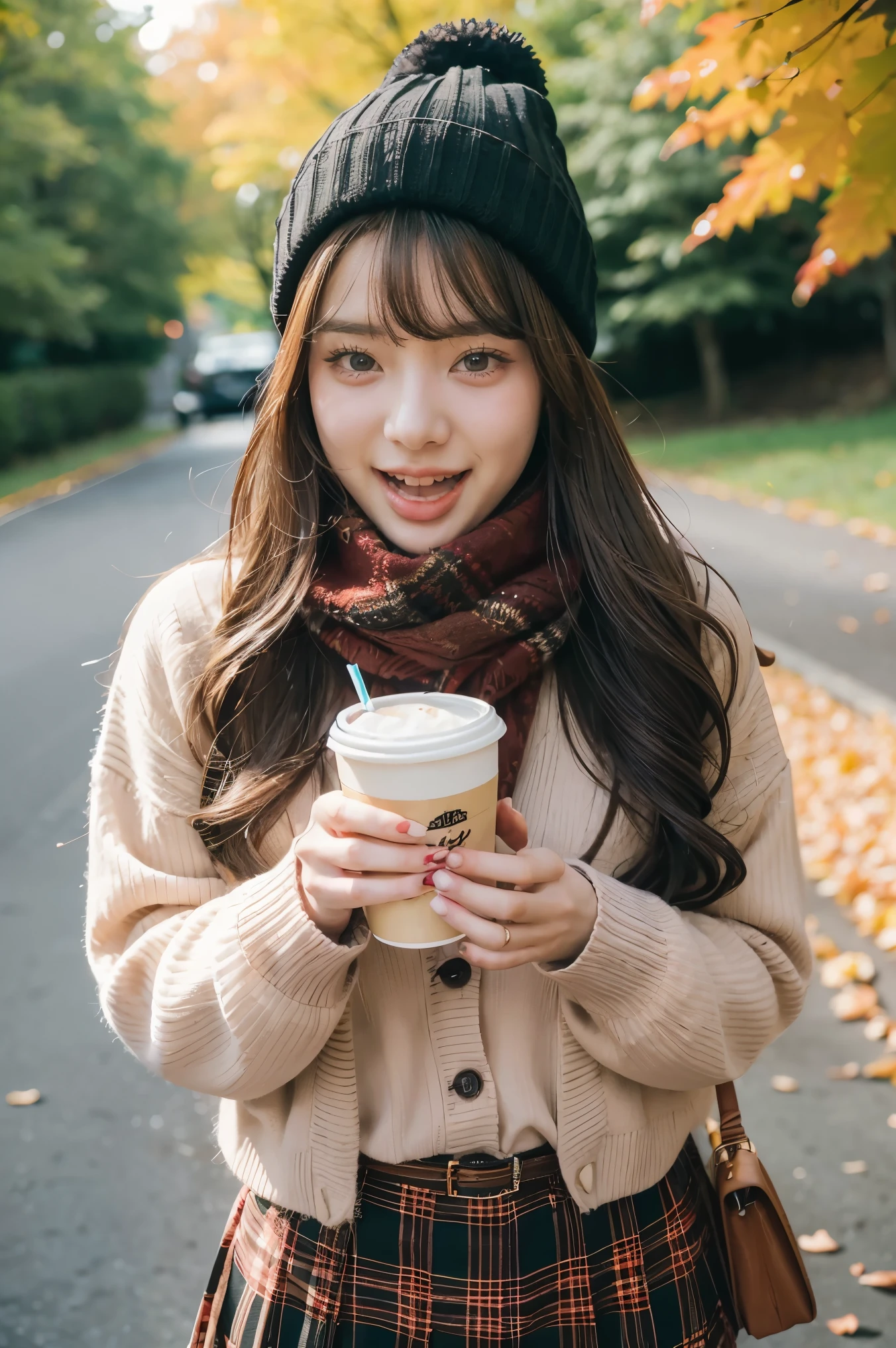 1girl, autumn leaves, bangs, black headwear, blurry background, blush, brown eyes, brown hair, brown scarf, brown skirt, cardigan, coffee, cowboy shot, cup, disposable cup, drink, falling leaves, beanie, holding, holding drink, leaf, long hair, long sleeves, looking at viewer, open cardigan, open mouth, plaid, plaid skirt, puffy long sleeves, red sweater, scarf, shirt, shirt tucked in, sidelocks, skirt, smile, solo, sweater, white shirt, extremely detailed, intricate, masterpiece, absurdres