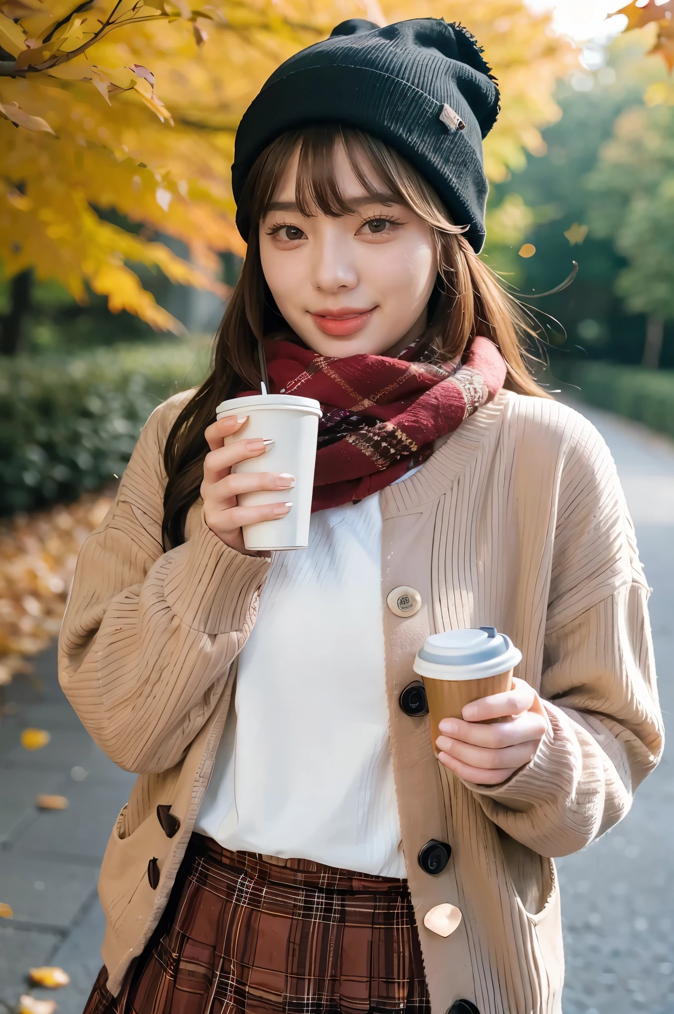 1girl, autumn leaves, bangs, black headwear, blurry background, blush, brown eyes, brown hair, brown scarf, brown skirt, cardigan, coffee, cowboy shot, cup, disposable cup, drink, falling leaves, beanie, holding, holding drink, leaf, long hair, long sleeves, looking at viewer, open cardigan, open mouth, plaid, plaid skirt, puffy long sleeves, red sweater, scarf, shirt, shirt tucked in, sidelocks, skirt, smile, solo, sweater, white shirt, extremely detailed, intricate, masterpiece, absurdres