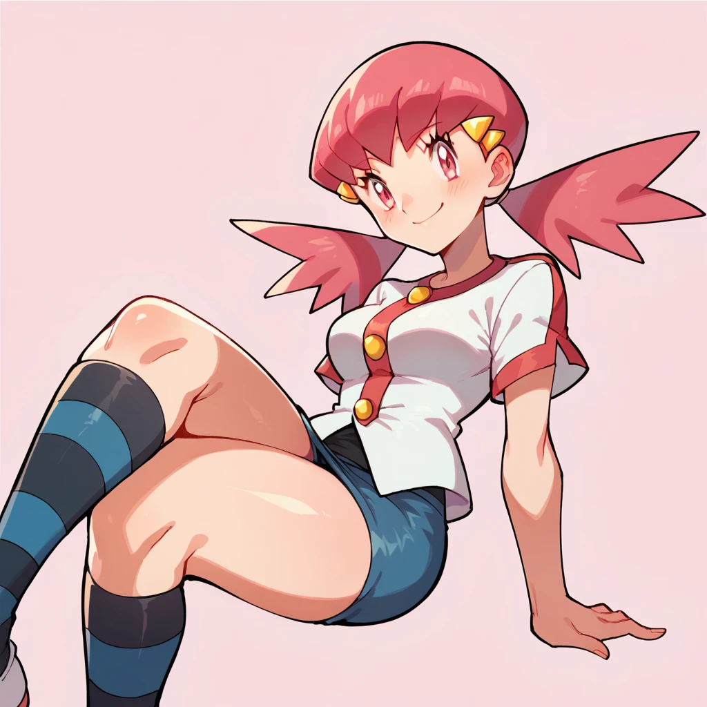 score_9, score_8_up, score_7_up, defwhitney, whitney \(pokemon\), 1girl, arm support, blush, smile, breasts, buttons, 3 bottons, crossed legs, eyelashes, hair ornament, hairclip, jacket, long hair, pink eyes, pink hair, short skirt, short sleeves, skirt, denim skirt, sitting, socks, solo, striped clothes, tight skirt, striped socks, twintails, white jacket, tick thighs, shiny skin, pink background, underwear, pink underwear, striped underwear, perfect crossed legs, perfect legs, perfect thighs, perfect stripes, sexy crossed legs, big thighs,