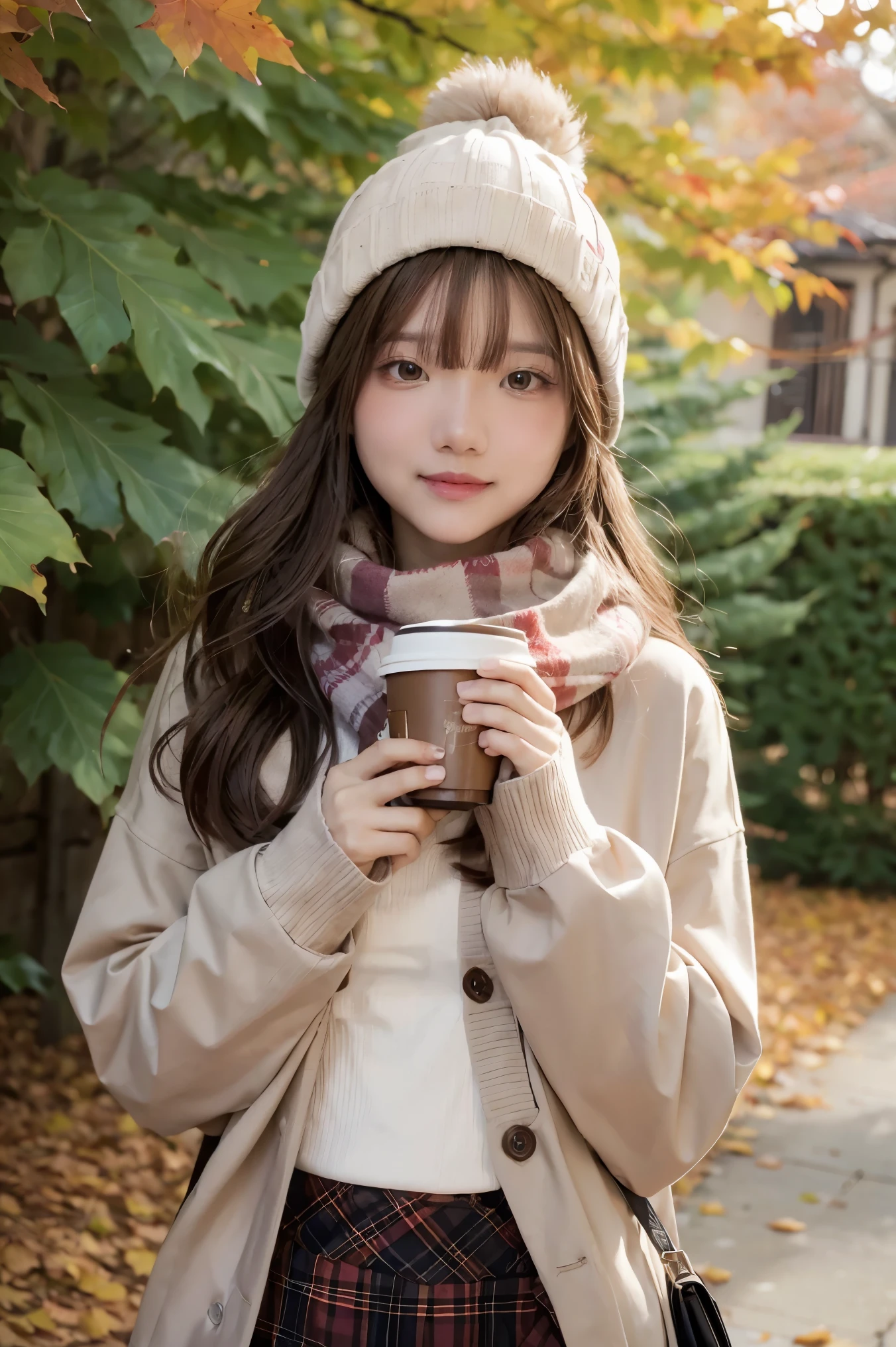 1girl, autumn leaves, bangs, black headwear, blurry background, blush, brown eyes, brown hair, brown scarf, brown skirt, cardigan, coffee, cowboy shot, cup, disposable cup, drink, falling leaves, beanie, holding, holding drink, leaf, long hair, long sleeves, looking at viewer, open cardigan, open mouth, plaid, plaid skirt, puffy long sleeves, red sweater, scarf, shirt, shirt tucked in, sidelocks, skirt, smile, solo, sweater, white shirt, extremely detailed, intricate, masterpiece, absurdres