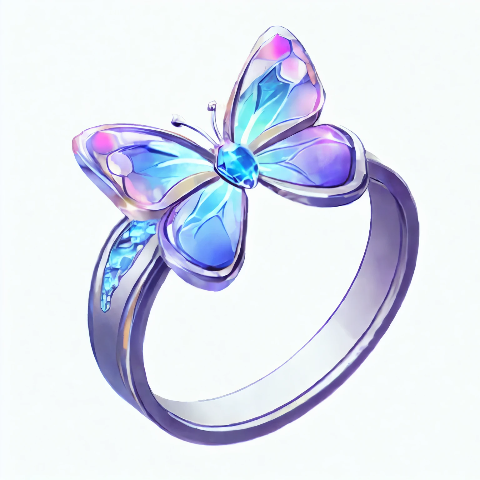 Game props design, ring, Metal Texture, still life, Simple background, 2D Q版卡通 银ring，ring中间有美丽的蝴蝶装饰，Butterfly inlaid blue diamond，Sparkling，简单可爱的Cartoon Style设计，Purple，Silver blue gradient color matching ，Play Style，Anime style，Cartoon Style，Simple and charming design，Crisp details， 2d game art style，White border，Clear shape outline。White background，ring下方无阴影，ring周围不应有其他元素，To keep it simple and concise。--Nikki 6