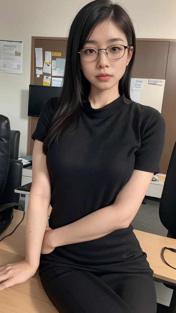 High resolution、masterpiece、Textured Skin、High image quality、超High resolution、Very detailed、woman、Look at, Anatomically correct, Plain, unkempt black hair、Rimless Glasses、Tired look、Look at, solo, clerk、sitting at a desk in an office、