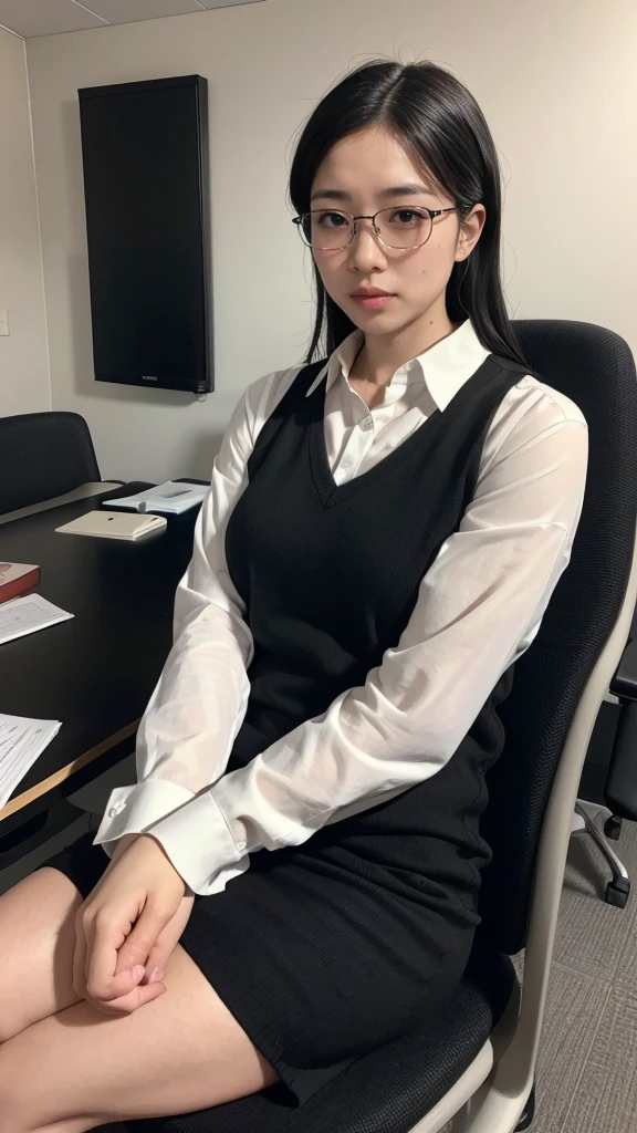 High resolution、masterpiece、Textured Skin、High image quality、超High resolution、Very detailed、woman、Look at, Anatomically correct, Plain, unkempt black hair、Rimless Glasses、Tired look、Look at, solo, clerk、sitting at a desk in an office、