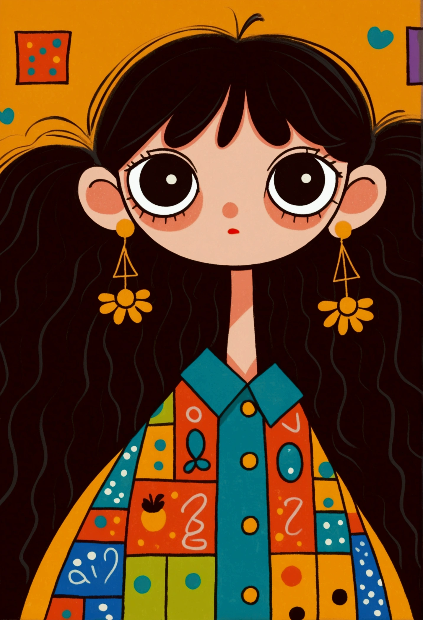 Flat wind，vector，Childish art cartoon，Black hair big earrings cartoon girl,Big eyes，Cute expression，Bangs，Minimalism，Large collar shirt，Patchwork，Lovely art style, Colorful! Digital illustration style, The Art of Mathematics. Colorful comic, Hand drawn cartoon art style，Solid color background，Black Line