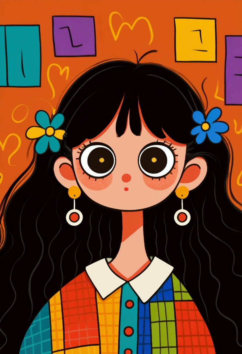 Flat wind，vector，Childish art cartoon，Black hair big earrings cartoon girl,Big eyes，Cute expression，Bangs，Minimalism，Large collar shirt，Patchwork，Lovely art style, Colorful! Digital illustration style, The Art of Mathematics. Colorful comic, Hand drawn cartoon art style，Solid color background，Black Line