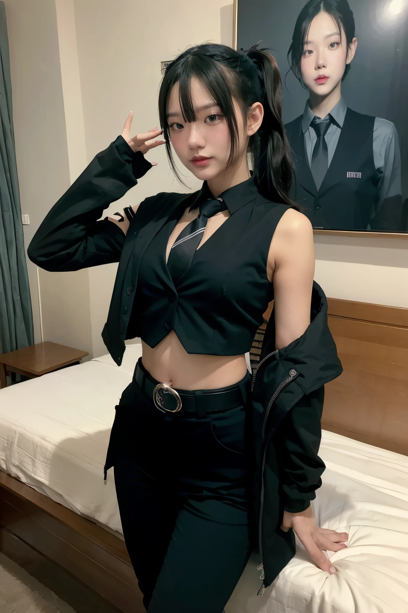 Naughty pose at bedroom grab gun, orange eyes, black hair, long hair, streaked hair, ponytail metal hairband, police uniform, blue jacket, cropped jacket, long sleeves, black vest, two-tone vest, black gloves, green necktie, plaid necktie, black pants, high-waist pants, belt, thigh straps, knee pads, holster, tight pants, blue footwear