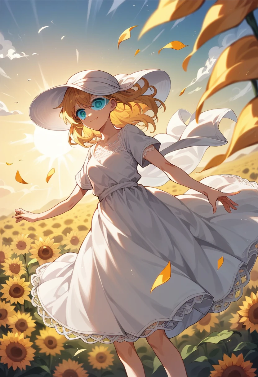 fuwa aika,One girl,Alone, (White lace dress:1.2),loose fitting dress (sun visor hat:1.2), Sunflower field, In sunlight, A light smile,Watching the audience, wind, dynamic, Intense light and dark,dynamic pose,