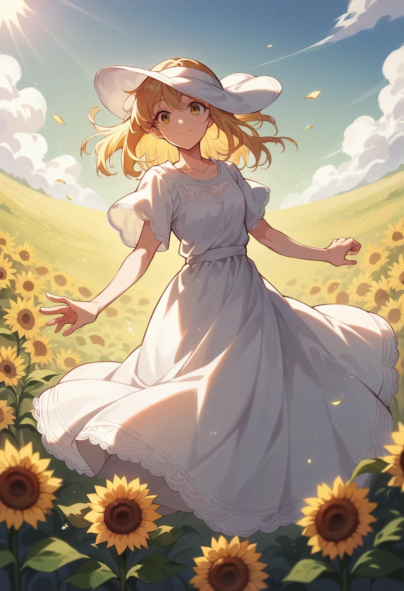 fuwa aika,One girl,Alone, (White lace dress:1.2),loose fitting dress (sun visor hat:1.2), Sunflower field, In sunlight, A light smile,Watching the audience, wind, dynamic, Intense light and dark,dynamic pose,