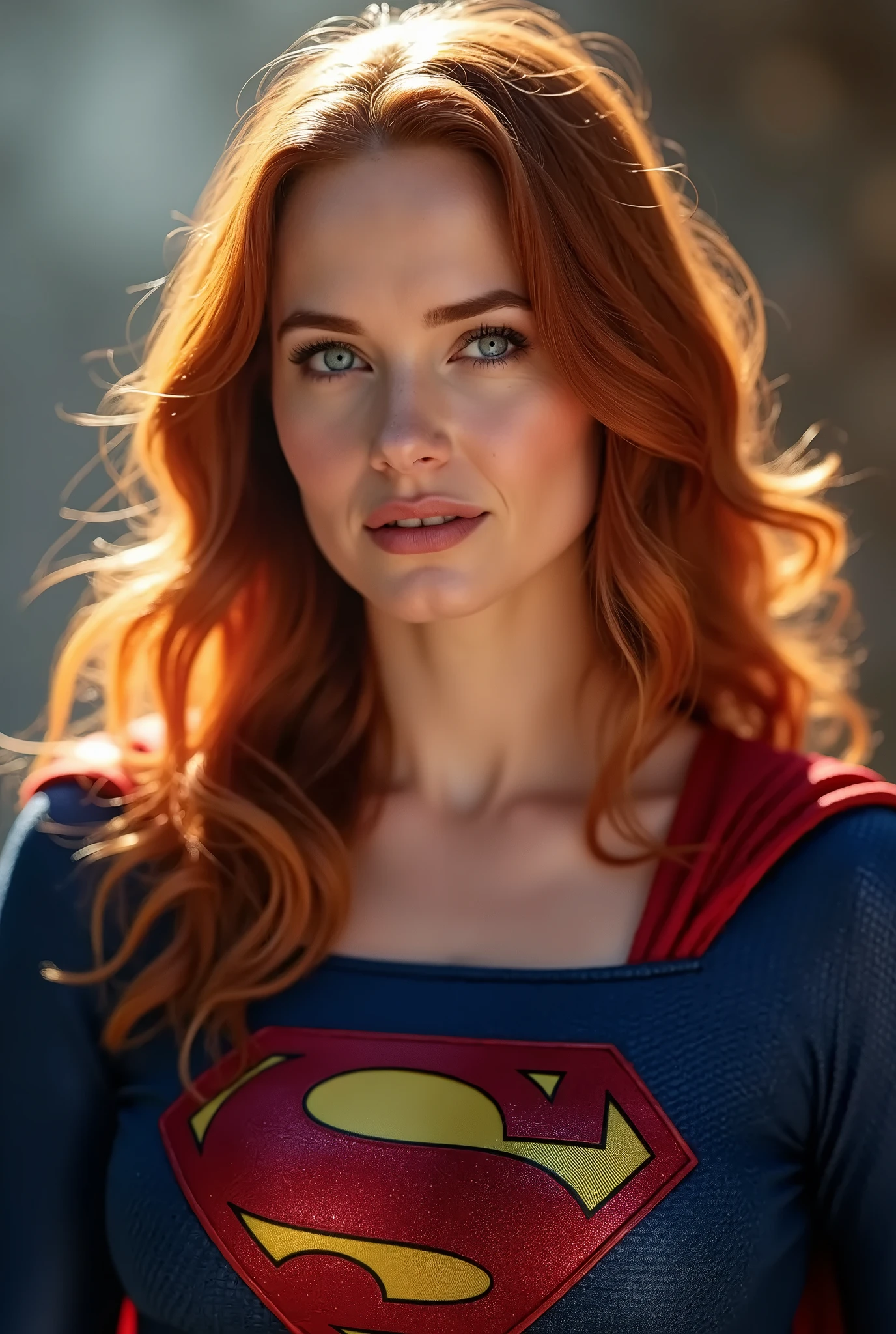 Amy Adams, 26 years old, panties, highly detailed Supergirl cosplay, perfect and realistic face and body, realistic photo in superhero pose, shot in dslr, long hair, detailed face, cinematic, maximum detail, soft cinematic light, blue oupa with red details, hyperdetail, masterpiece, 8k, wallpaper, (detail), hdr, high quality, ((high skin detail, skin detail)), sharp focus, 8k uhd, DSLR, high quality, film grain