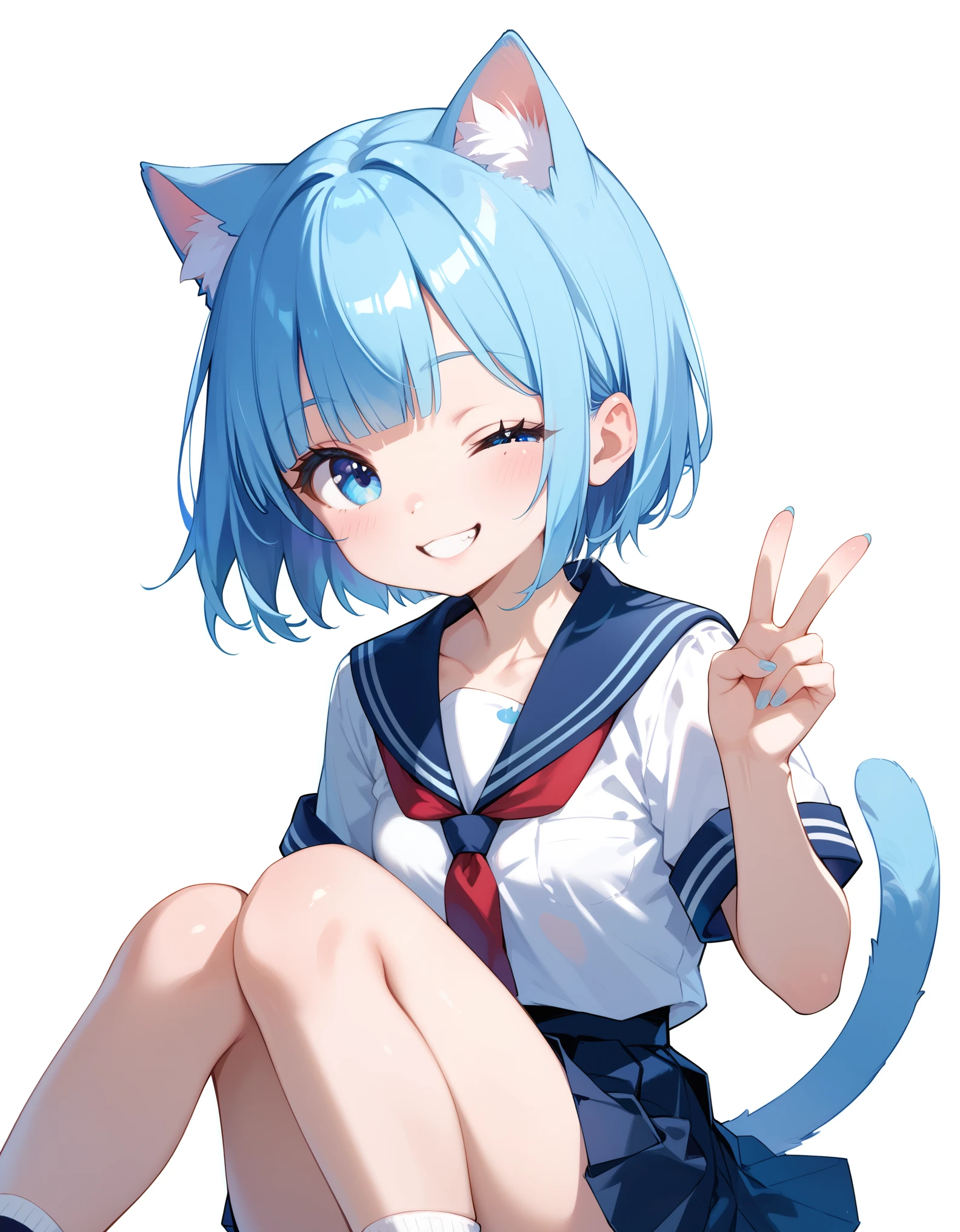 score_9, score_8_up, score_7_up, cute furry blue cat girl, blue hair, white fur, two tone fur, blunt bangs, short hair, light blue eyes, chest tuft, small breasts, wide chest, school uniform, school uniform skirt, smile, wink, v sign, knees up body, simple background, best quality, ultra-detailed,