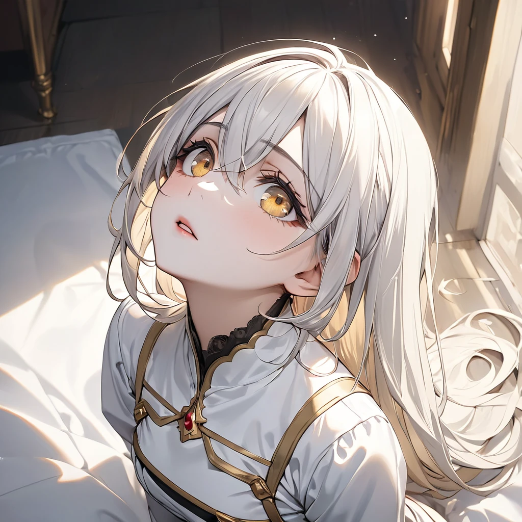 Best Quality, masterpiece,カラフルなhair, Golden Eyes,White clothes, look up, ,hair,White skin,