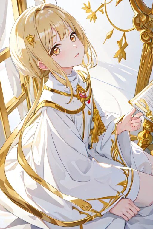 Best Quality, masterpiece,カラフルなhair, Golden Eyes,White clothes, look up, ,hair,White skin,