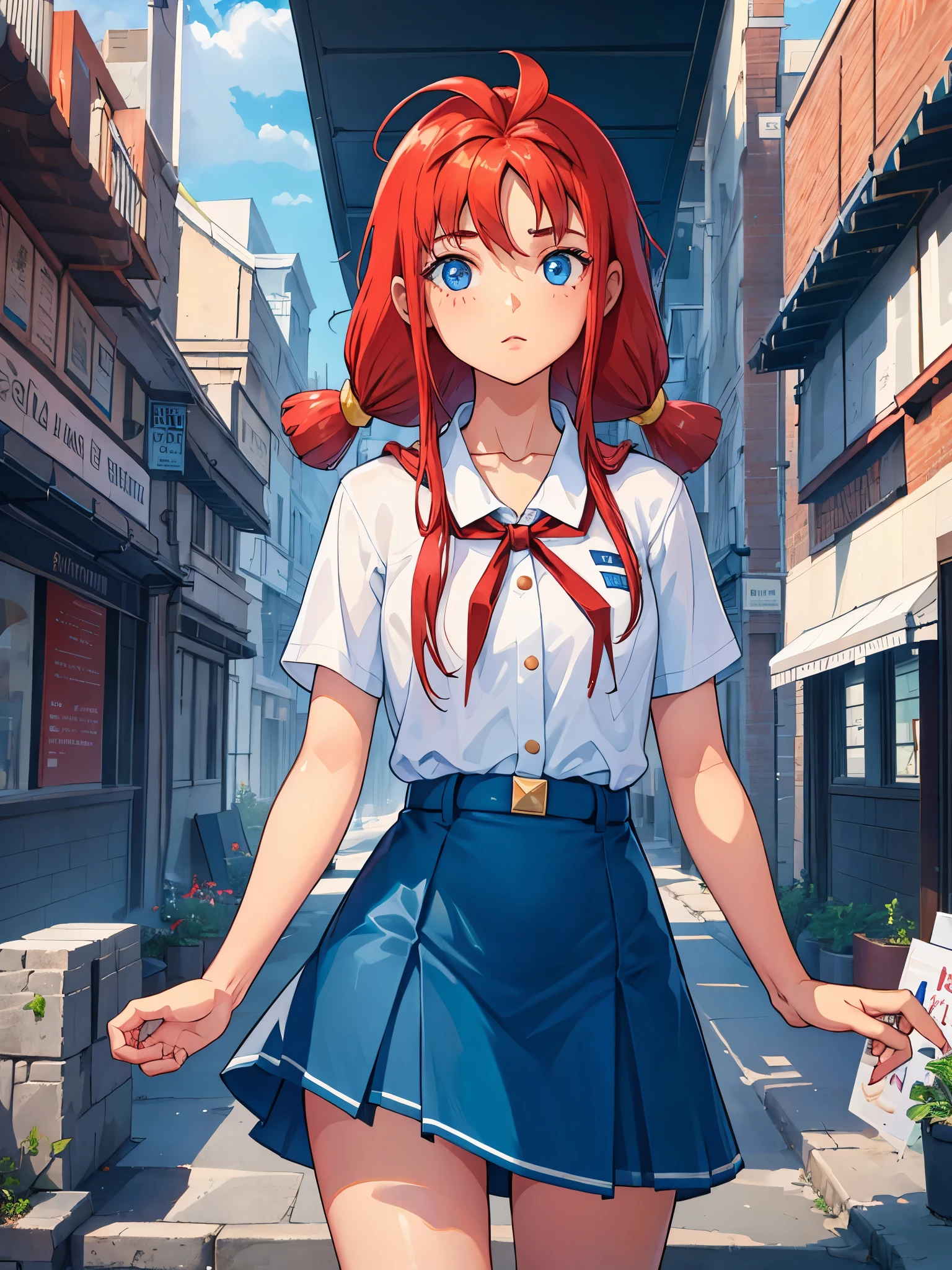 Girl, childlike appearance, red-haired, blue eyes, Ulyana, pioneer, white shirt and blue skirt