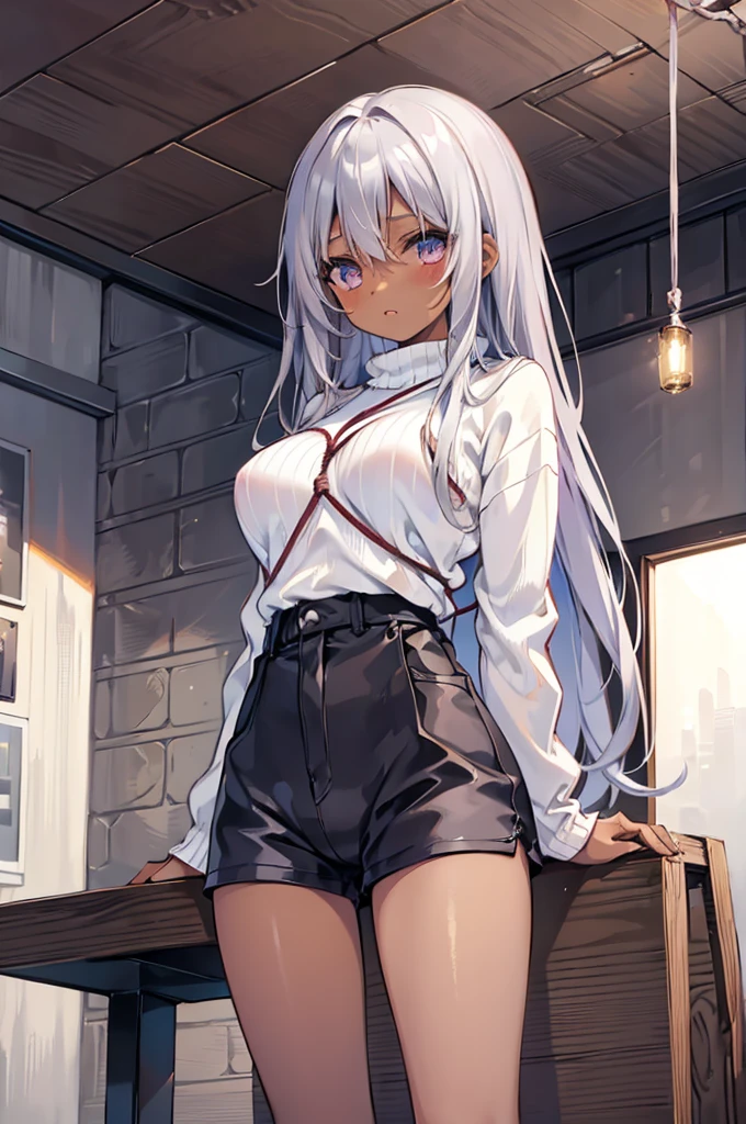 girl,masterpiece, Best Quality, Anime Girl,Long silver hair,Blushing,Tanned brown skin,Dark Skin Tone,orgasm,,White winter sweater,Large breasts,Light purple shorts,Black underwear,My crotch is wet,Wooden horse,Hanging from the ceiling by a rope