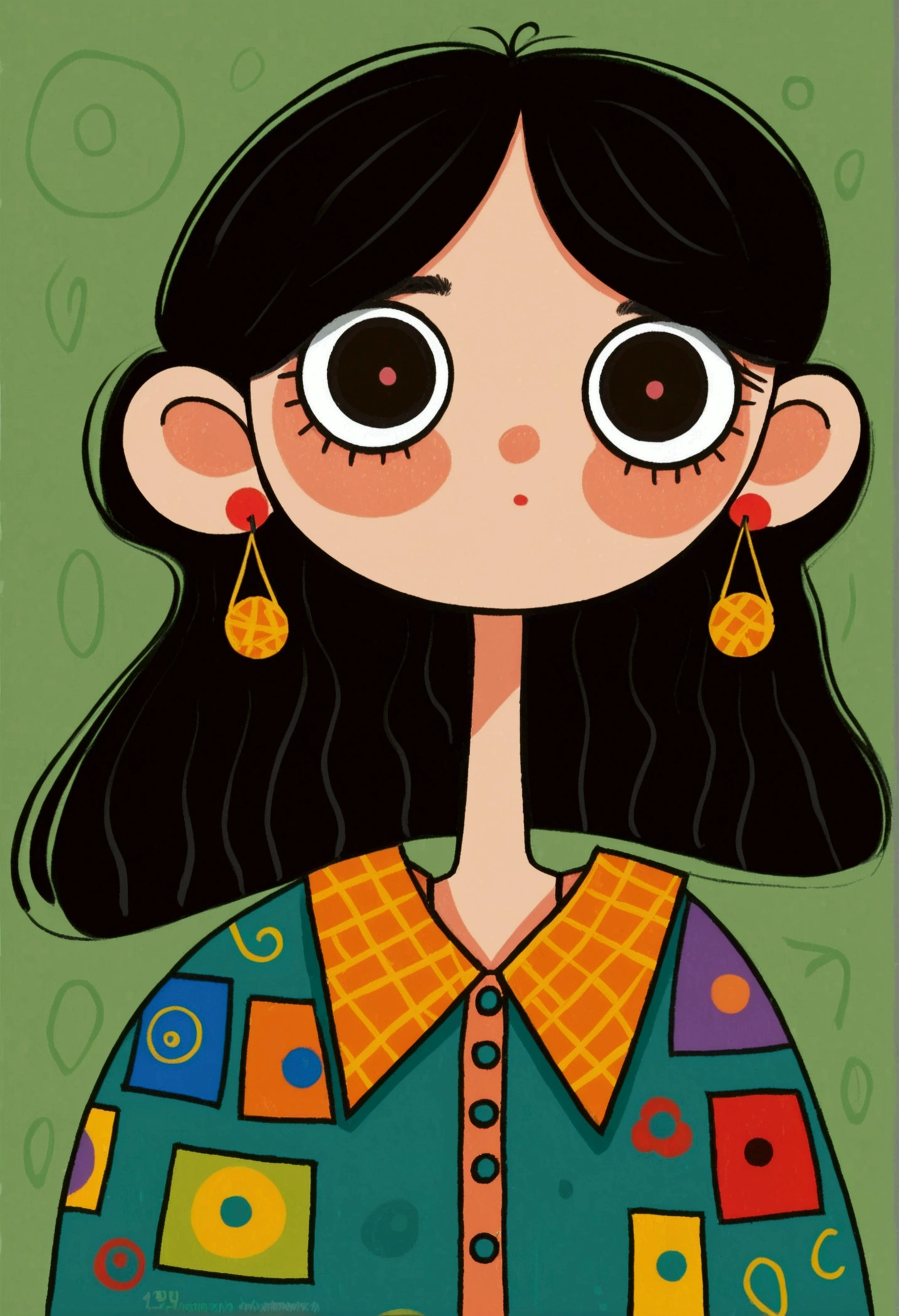 Flat wind，vector，Childish art cartoon，Black hair big earrings cartoon girl,Big eyes，Cute expression，Bangs，Minimalism，Large collar shirt，Patchwork，Lovely art style, Colorful! Digital illustration style, The Art of Mathematics. Colorful comic, Hand drawn cartoon art style，Solid color background，Black Line