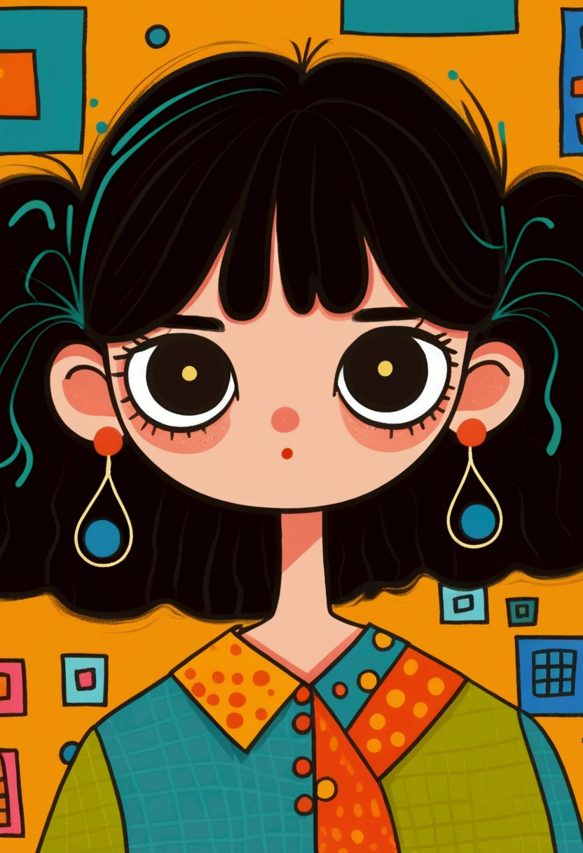 Flat wind，vector，Childish art cartoon，Black hair big earrings cartoon girl,Big eyes，Cute expression，Bangs，Minimalism，Large collar shirt，Patchwork，Lovely art style, Colorful! Digital illustration style, The Art of Mathematics. Colorful comic, Hand drawn cartoon art style，Solid color background，Black Line