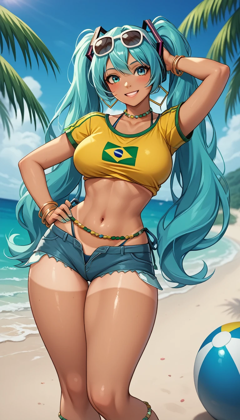 "A cheerful and vibrant Brazilian version of Hatsune Miku standing on the beach. She has long hair with two aqua colored pigtails., tanned skin with visible tan lines and wearing a tight yellow crop top with the Brazilian flag on it. She also has big breasts and thighs along with a big butt. She wears worn denim shorts and holds her breasts with her hands touching them gently.. Miku is smiling and wearing sunglasses on her head, with a tropical flower in her hair. The background features a sunny beach with a clear blue sky and palm trees.."
A cheerful Brazilian version of Hatsune Miku relaxes on the beach. Her long aqua hair is tied into two pigtails., Shining under the sun. Miku has tanned skin with visible tan lines., highlighting her curves, especially her big breasts which she shows without her uncensored bikini along with her thighs and butt.

She wears a yellow crop top with the Brazilian flag on it., which is raised she shows her uncensored breasts combined with a navy blue bikini. Worn denim shorts rest on her hips, complementing her beach look. Smile with a relaxed expression, while sunglasses rest on his head. On her ankle she wears an anklet with a green and white pattern., Matching a decorative belt in yellow. A tropical flower adorns her hair, and at least four gold bracelets shine on each of her arms.

The background is simple and sunny, perfect for a day at the beach, while Miku stands out as the center of attention, radiating Brazilian and summer energy.

