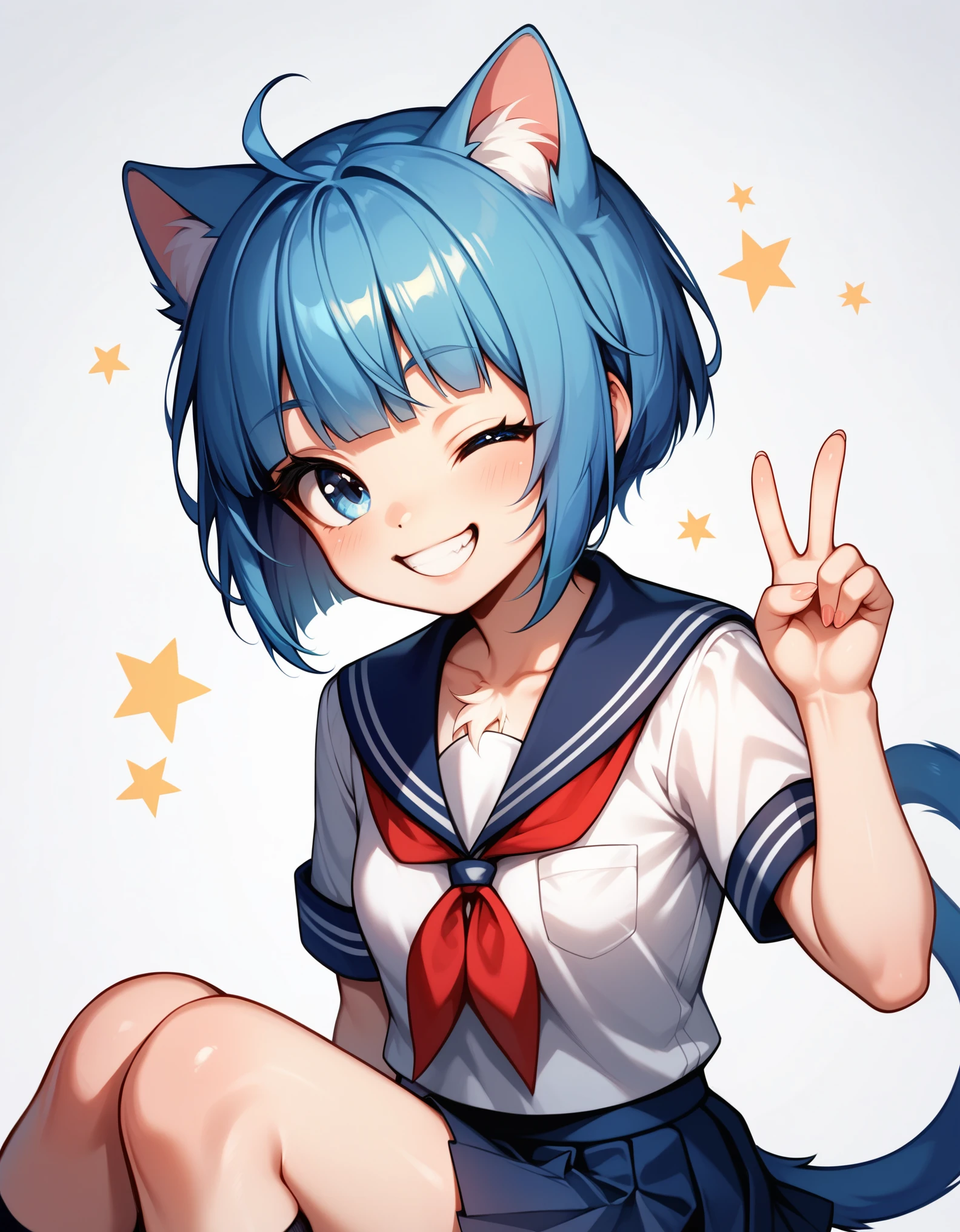 score_9, score_8_up, score_7_up, cute furry blue cat girl, blue hair, white fur, two tone fur, blunt bangs, short hair, light blue eyes, chest tuft, small breasts, wide chest, school uniform, school uniform skirt, smile, wink, v sign, knees up body, simple background, best quality, ultra-detailed,