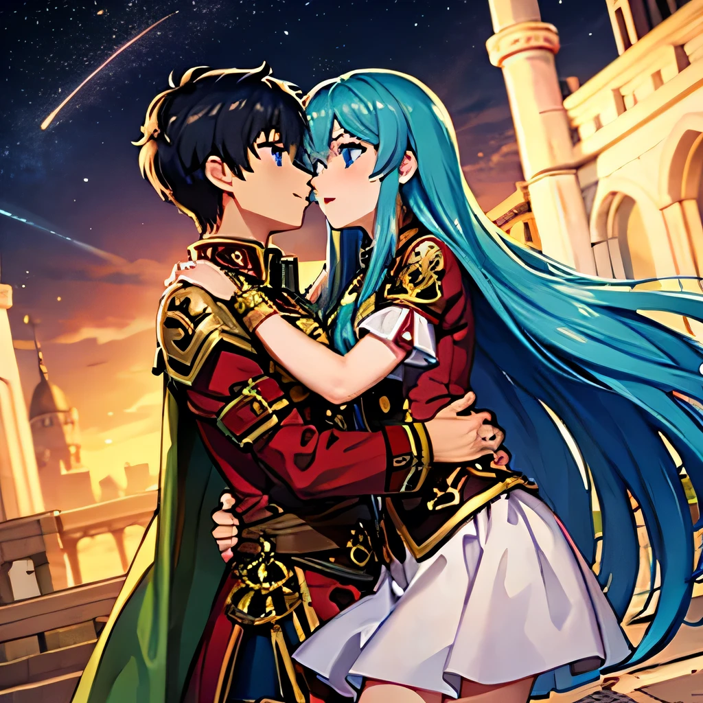 Eirika from Fire emblem the sacred stones A girl with blue eyes and light blue hair, red blouse with gold plates on her body, pink panties, a gold bracelet and white skirt affectionately kissing a boy with short black hair on the lips, ojos marrones, lentes, red jacket with a night castle behind them and shooting stars in the sky