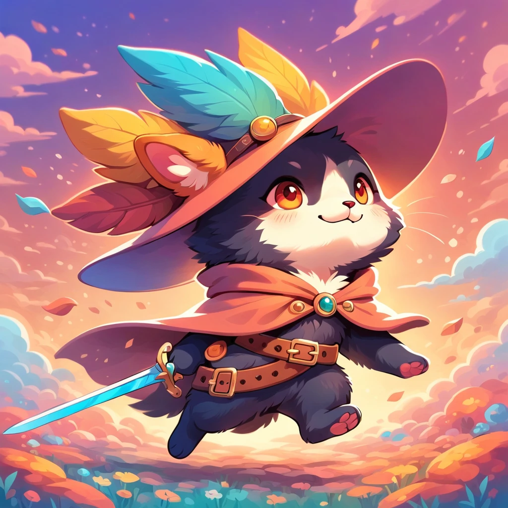 cuteIllustration,cat:animal:cute:A brazen face, Slanted mouth, Bipedal,Illustration,colorful,color,dim,Gorgeous,Fantasy,Optimal Configuration,Perfect composition,accent,Wear a feathered hat, Belt on waist, Holding a sword, Wearing a cloak, Wearing boots