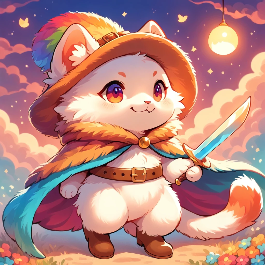 cuteIllustration,cat:animal:cute:A brazen face, Slanted mouth, Bipedal,Illustration,colorful,color,dim,Gorgeous,Fantasy,Optimal Configuration,Perfect composition,accent,Wear a feathered hat, Belt on waist, Holding a sword, Wearing a cloak, Wearing boots