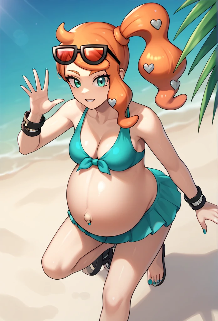 score_9, score_7_up BREAK solo,EPpkSonia,orange hair, side ponytail, aqua eyes, long hair, eyewear on head, sunglasses, heart hair ornament, aqua bikini, pregnant , big belly, Belly button piercing, cleavage, bracelet, collarbone, blue panties, nail polish, aqua nails, aqua toenails, beach, Posing, happy, white Sandals, belly rubbing