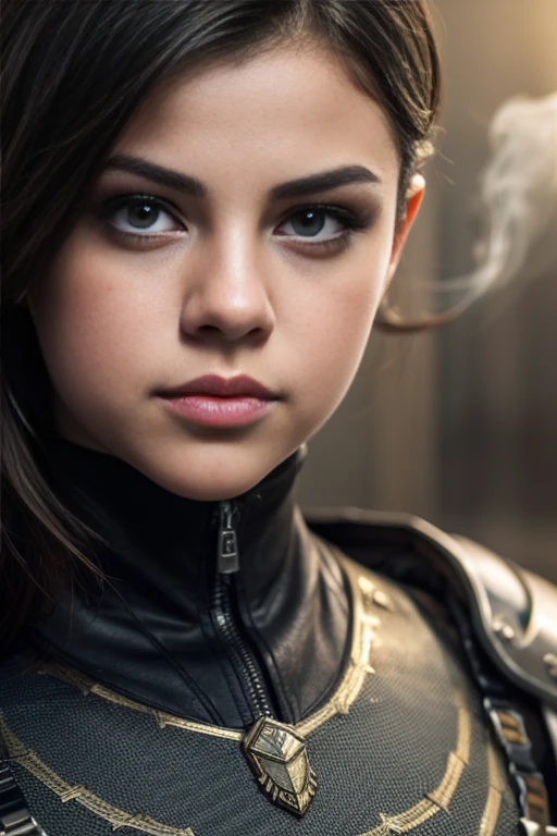 Close-up of a Selena Gomez, dressed as a soldier, Half-human, half-armor, Semi-machine.. Their eyes are filled with arousal and longing. Background is smoky and violent battlefied. He&#39;s wearing mechanical armor., Carved animal elements, Human skull between cleavage. The sky is full of vortices, Blazing clouds. This photo strongly conveys the warrior&#39;s appearance.