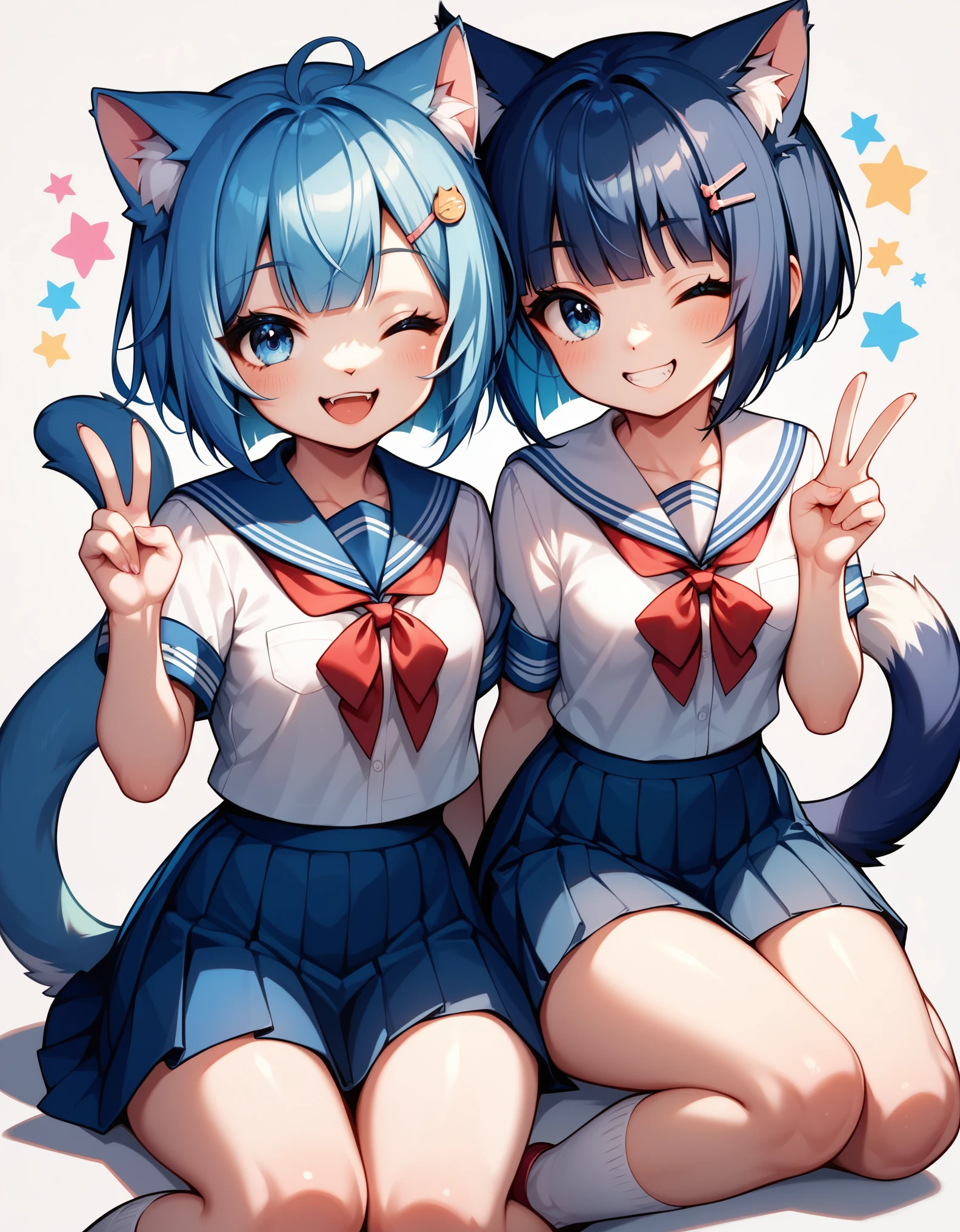 score_9, score_8_up, score_7_up, cute furry blue cat girl, blue hair, white fur, two tone fur, blunt bangs, short hair, light blue eyes, chest tuft, small breasts, wide chest, school uniform, school uniform skirt, smile, wink, v sign, knees up body, simple background, best quality, ultra-detailed,