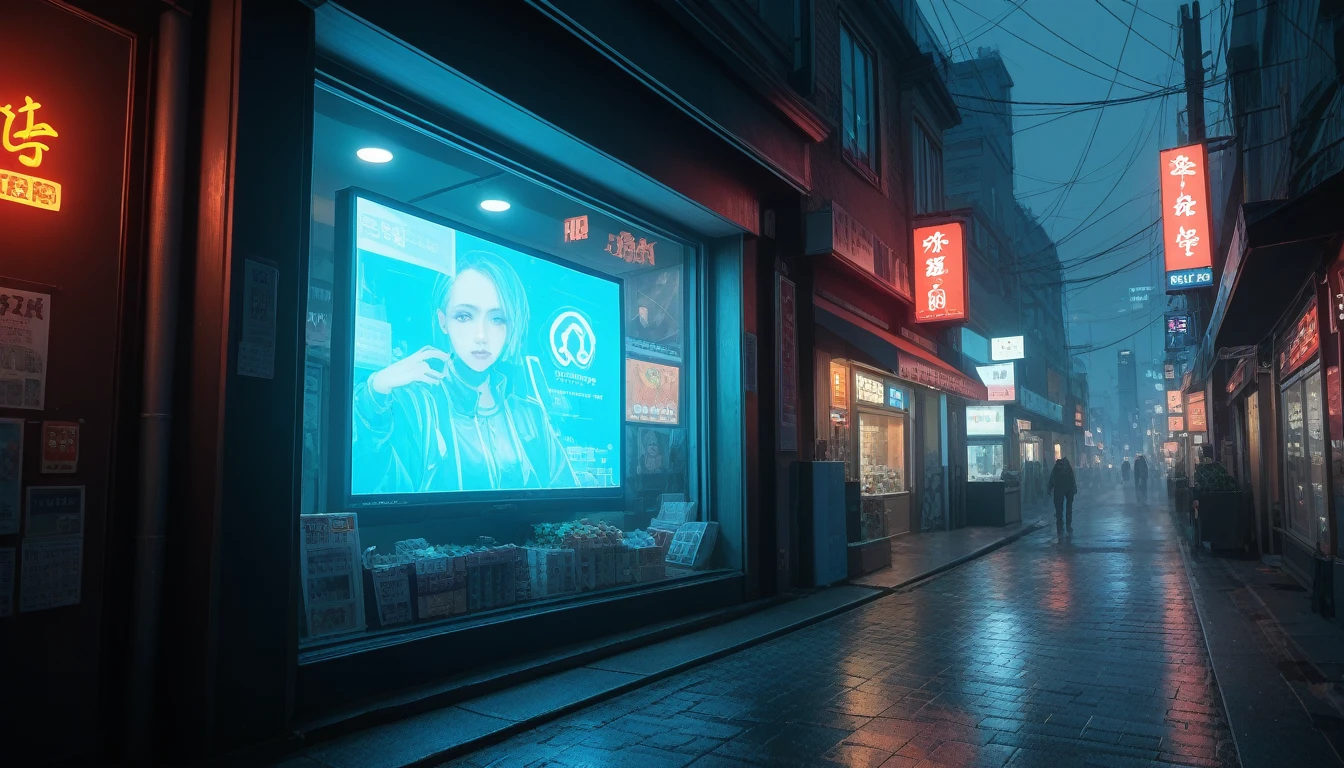 ((cyberpunk streetscape)), Japanese urban street, a shopfront displays a large-screen television
