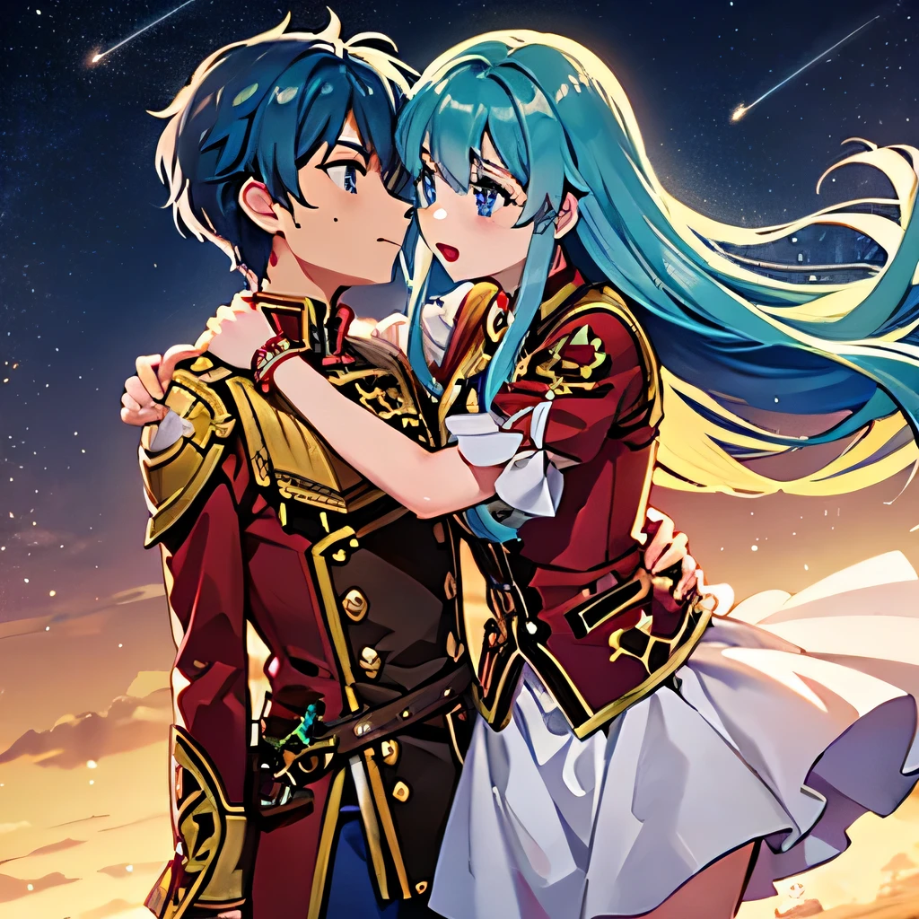 Eirika from Fire emblem the sacred stones A girl with blue eyes and light blue hair, red blouse with gold plates on her body, pink panties, a gold bracelet and white skirt affectionately kissing a boy with short black hair on the lips, ojos marrones, lentes, red jacket with a night castle behind them and shooting stars in the sky, 1 boy and 1 girl