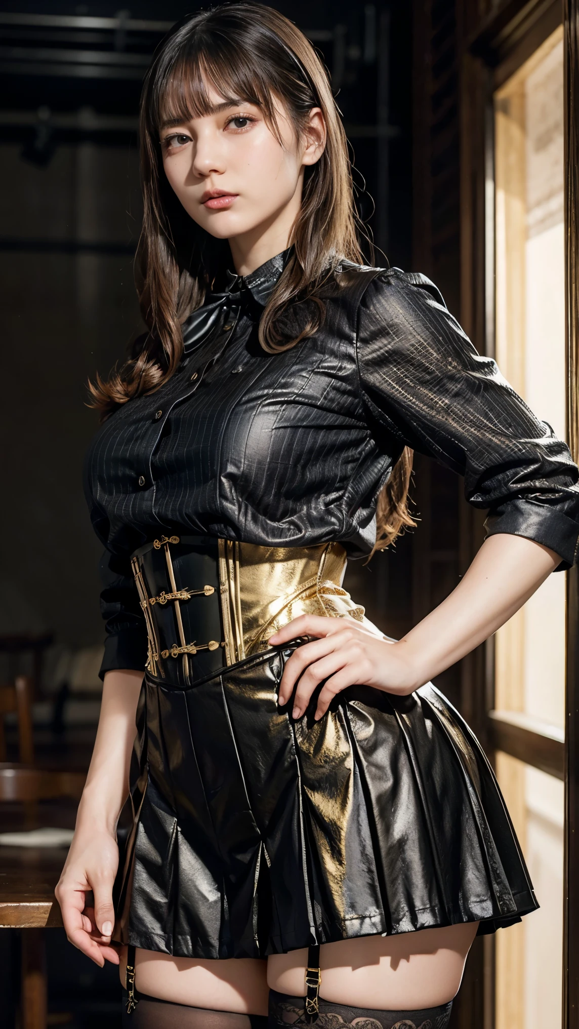 8K,((masterpiece)), ((best quality)), (ultra-detailed), High detail, professional photograph, highest quality, floating hair, beautiful detailed, (((realistic))), hyper realistic character,natural lighting ,beautiful detailed eyes,1girl, solo,blunt bangs, realistic,a girl with a large bust, her blouse is about to burst from her large breasts, bangs, (thick thighs), beautiful detailed eyes, beautiful detailed lips, extremely detailed eyes and face, long eyelashes, , (Gold-rimmed black corset blouse), (Gold-rimmed black blouse), pleated skirt, thigh-high socks, suspenders, photo-realistic, 8k, vivid colors, masterpiece, anime, ((cinematic lighting)), ((In the dark)), soft focus,(Big Ass),(from front:1.4),(Hair tied up)