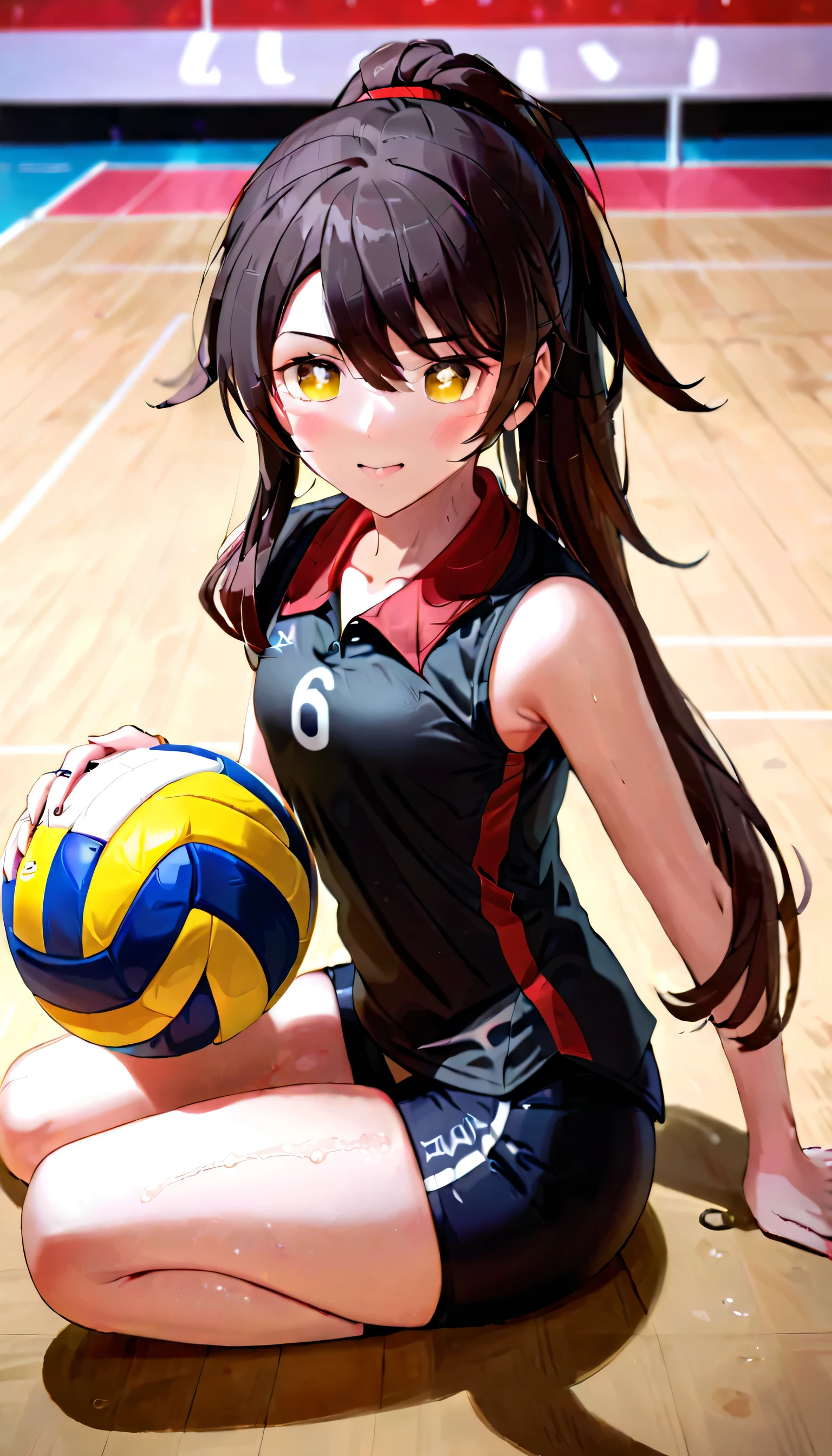 unity 8k wallpaper, anatomically correct, anime screencap:1.3, ((masterpiece,best quality, ultra detailed, high-resolution, Ultimate cutie)), perfect hands, perfect finger, detailed beautiful face, (((sit astride the perfectly spherical shape 6-inch volleyball,Straddling a perfectly spherical 6" volleyball, Perfectly spherical 6" volleyball fits perfectly crotch))), BREAK, (((Rub the  Perfectly spherical 6" volleyball against crotch))), (masturbation), 
BREAK, (Collared volleyball uniforms:1.8), sleeveless, ((buruma)), pussy juice stained, (elbow pad), (((sweat))), (covered in sweat), in Volleyball Court, indoor, lighting,  looking at viewer, full body, (spoken heart), Hutao 