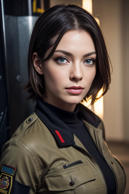 Close-up of a Stoya, dressed as a soldier, Half-human, half-armor, Semi-machine.. Their eyes are filled with arousal and longing. Background is smoky and violent battlefield. He&#39;s wearing mechanical armor., Carved animal elements, Human skull between cleavage. The sky is full of vortices, Blazing clouds. This photo strongly conveys the warrior&#39;s appearance. (woStoya:stoya-v2),