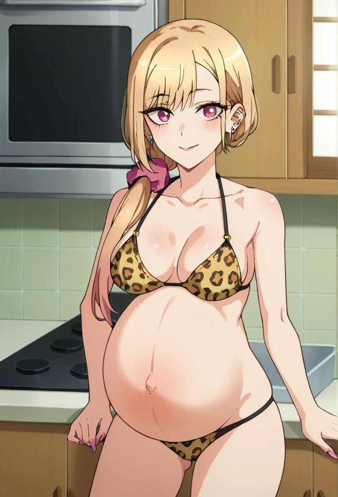 score_9, score_8_up, score_7_up, source_anime,
KitagawaMarin,
1girl, closed mouth, light smile,
multicolored hair, blonde hair, hair over shoulder, low ponytail, pink scrunchie, leopard print, magenta eyes, ear piercing, earrings, pink nails, makeup, pregnant, pregnant belly,
Bikini, panties, bare shoulders,
standing, looking at viewer,
indoors, kitchen