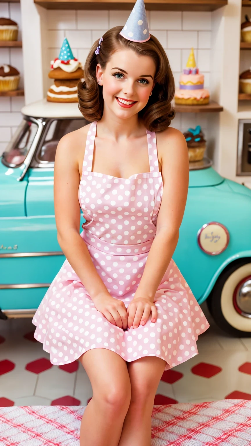 photo brunette pinup sitting on big birthday cake wearing an apron in pinup style beautiful smile beautiful bakery bright light colors pastel mini skirt with polka dots posing in pinup style sexy