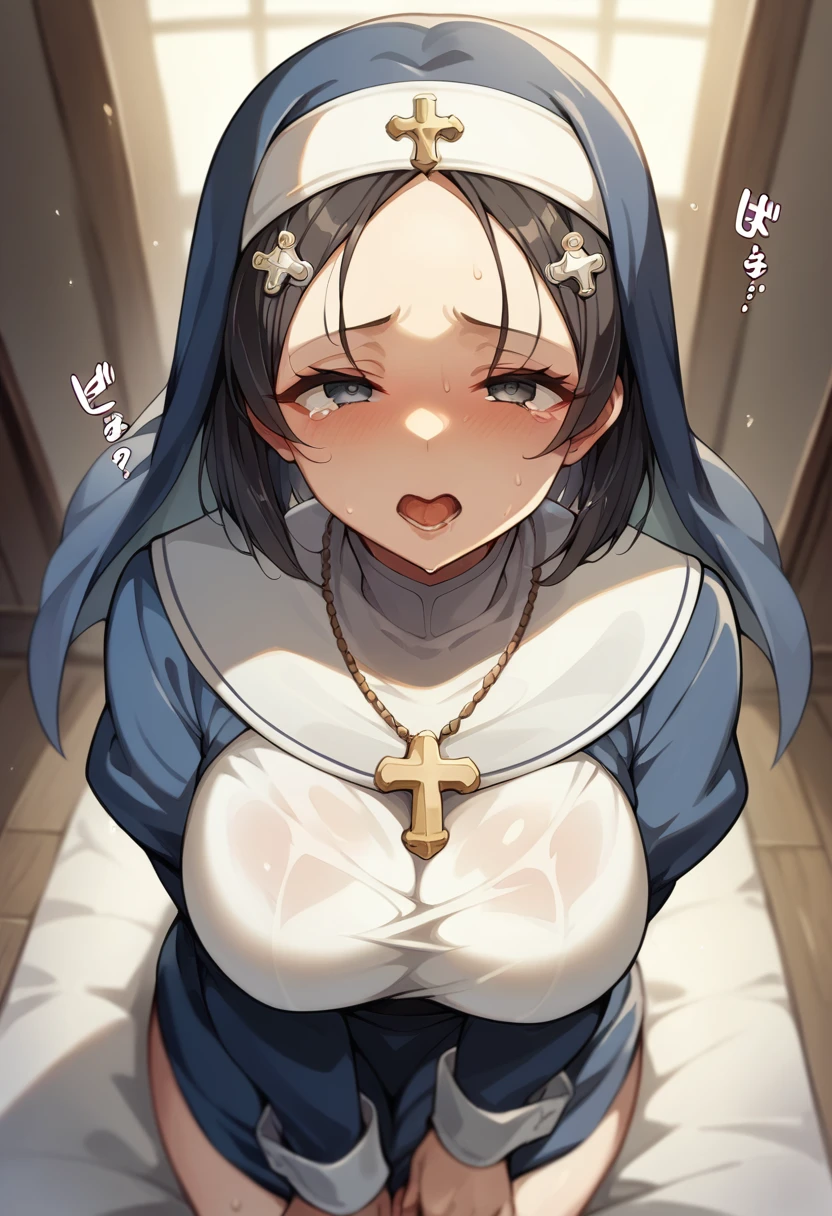 One Girl、(Catholic nun)、One Curl Bob Cut, Highest quality、Black Hair、Sweaty body、Obscene sound effects、Japanese Moans、(tears)、Big Breasts、(Show your forehead)、hairpin、(view from above)