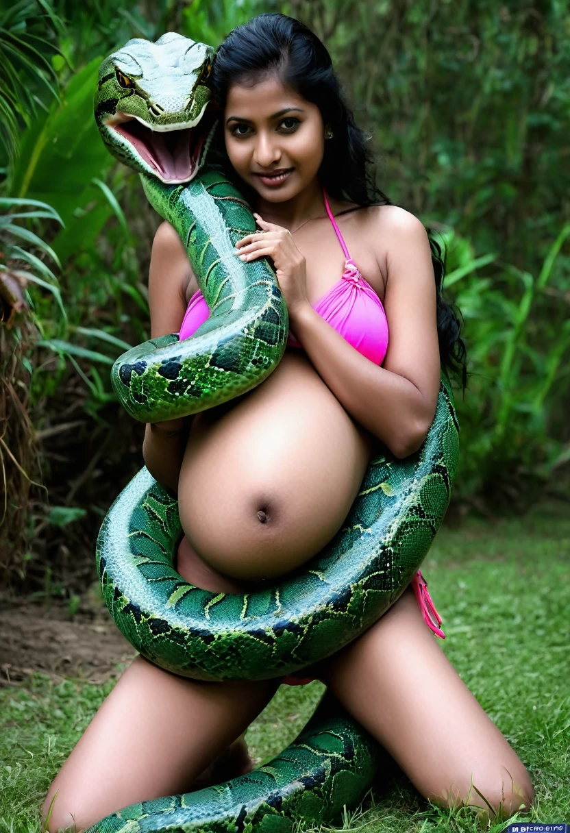 Pregnant Happy Horny, aroused 1girl), beautiful kneeling Indian  young teen girl wearing pink bikini with  giant colossal green Kaa monster squeezing her hard, wrapped in thick spiraling coils, constricted, struggle, gasping for air, snake attack, snake peril, moonless night, dim light